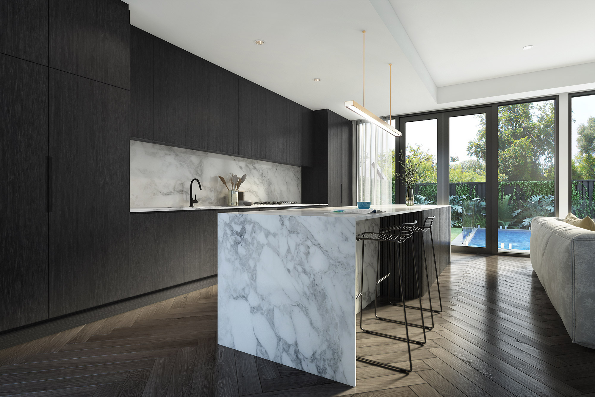 3D render modern dark kitchen with marble waterfall island open plan living space large windows and outdoor view