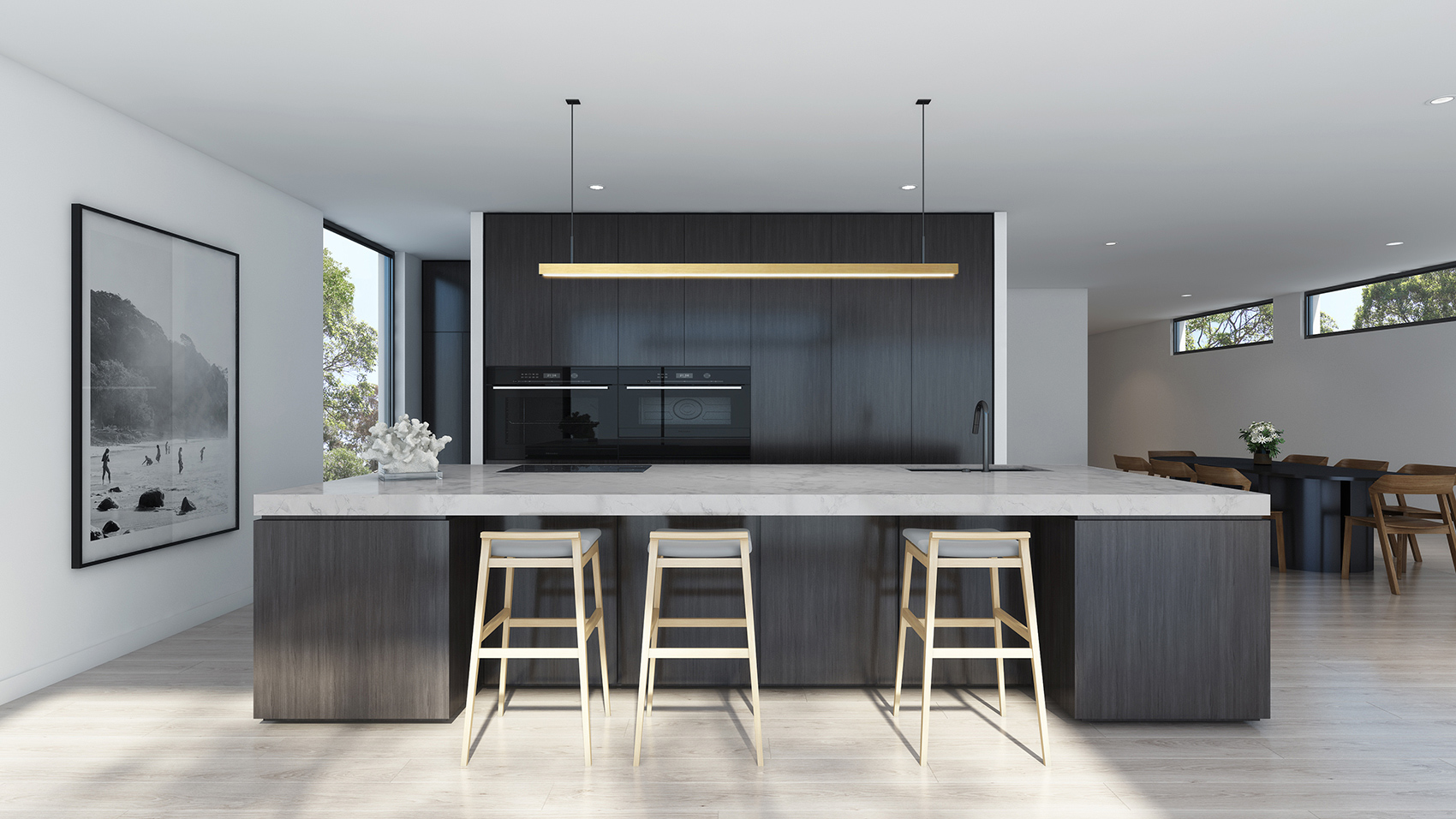 3D render modern dark wood kitchen with large island seating minimalist design open plan interior