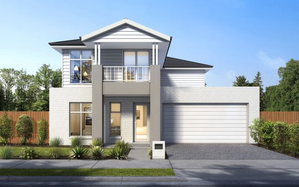modern two story house facade with double garage, balcony, and landscaped front yard