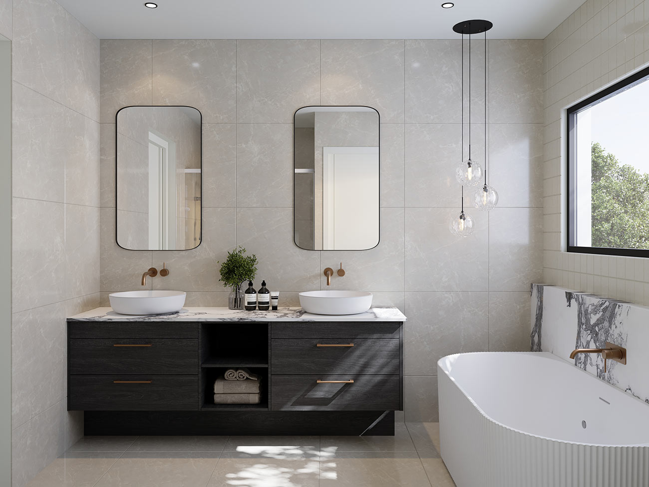3d render modern bathroom with double vanity sinks freestanding bathtub stone walls pendant lighting wood cabinet contemporary interior