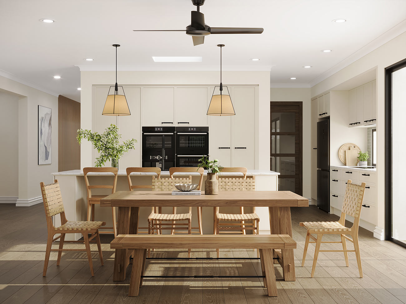 3D render modern farmhouse kitchen dining area with wood table woven chairs pendant lighting warm interior