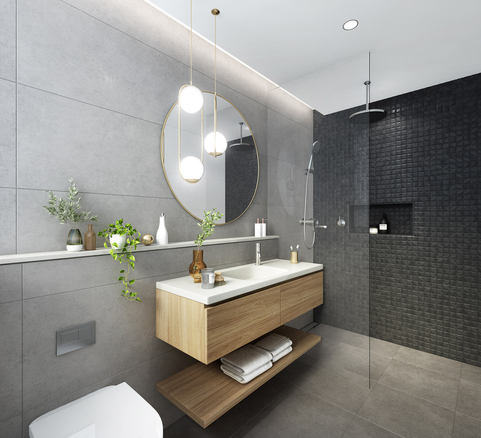 3D render modern grey bathroom with floating wooden vanity round mirror pendant lighting black tiled walk in shower glass screen and contemporary fixtures