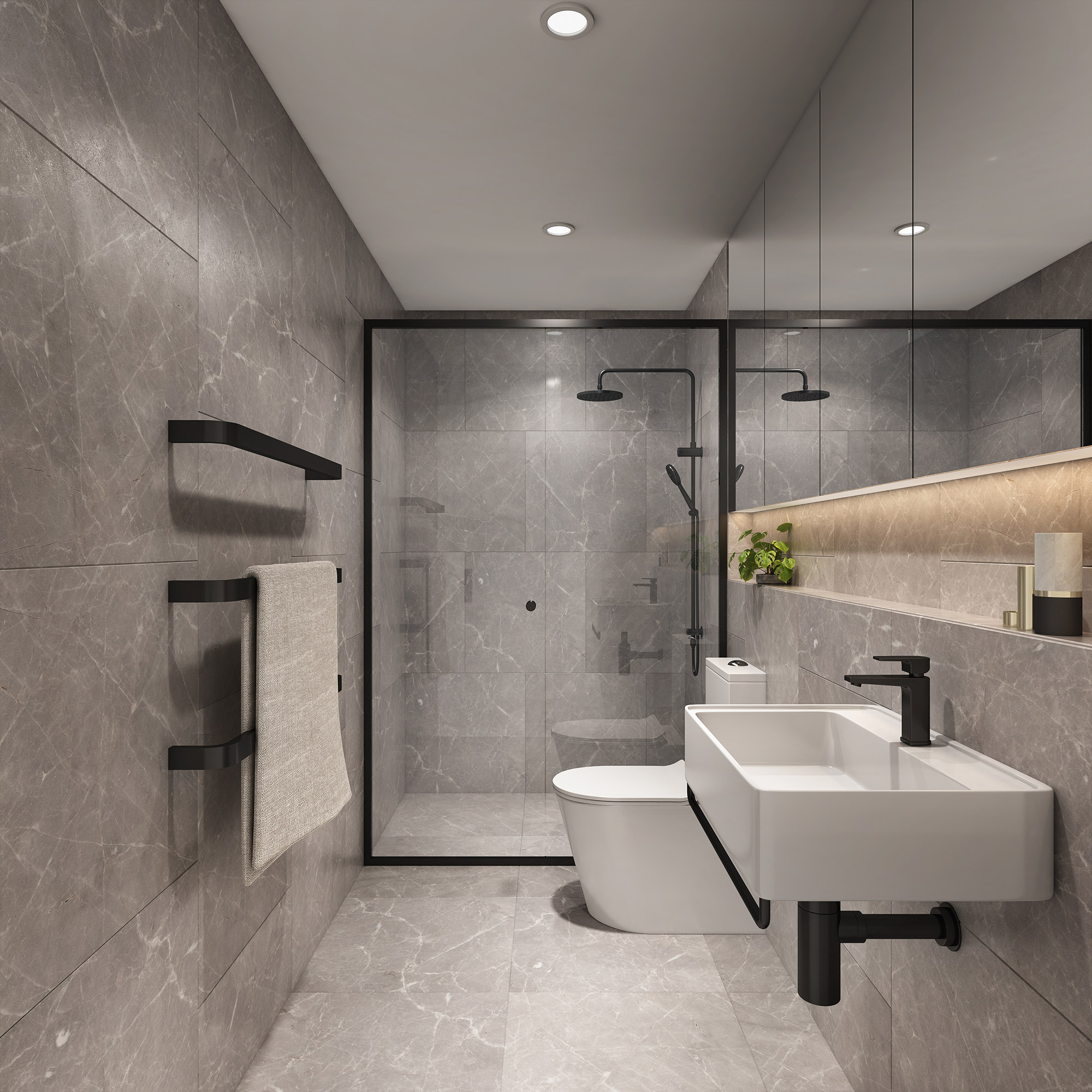 3D render modern grey bathroom with glass shower enclosure wall mounted sink black fixtures floating shelves and minimalist interior design