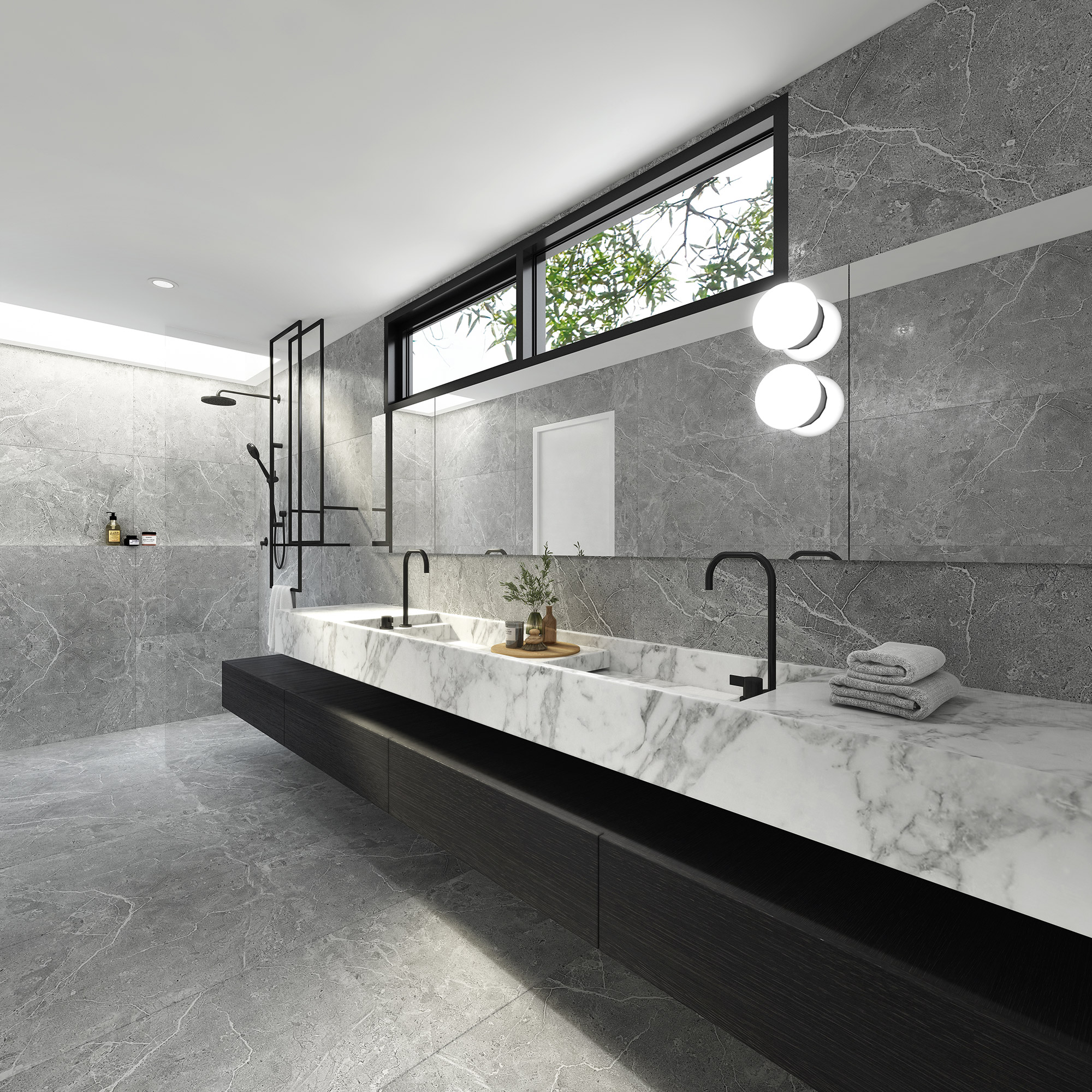 3D render modern grey marble ensuite bathroom with double vanity long floating cabinet black fixtures walk in shower large mirror and natural light