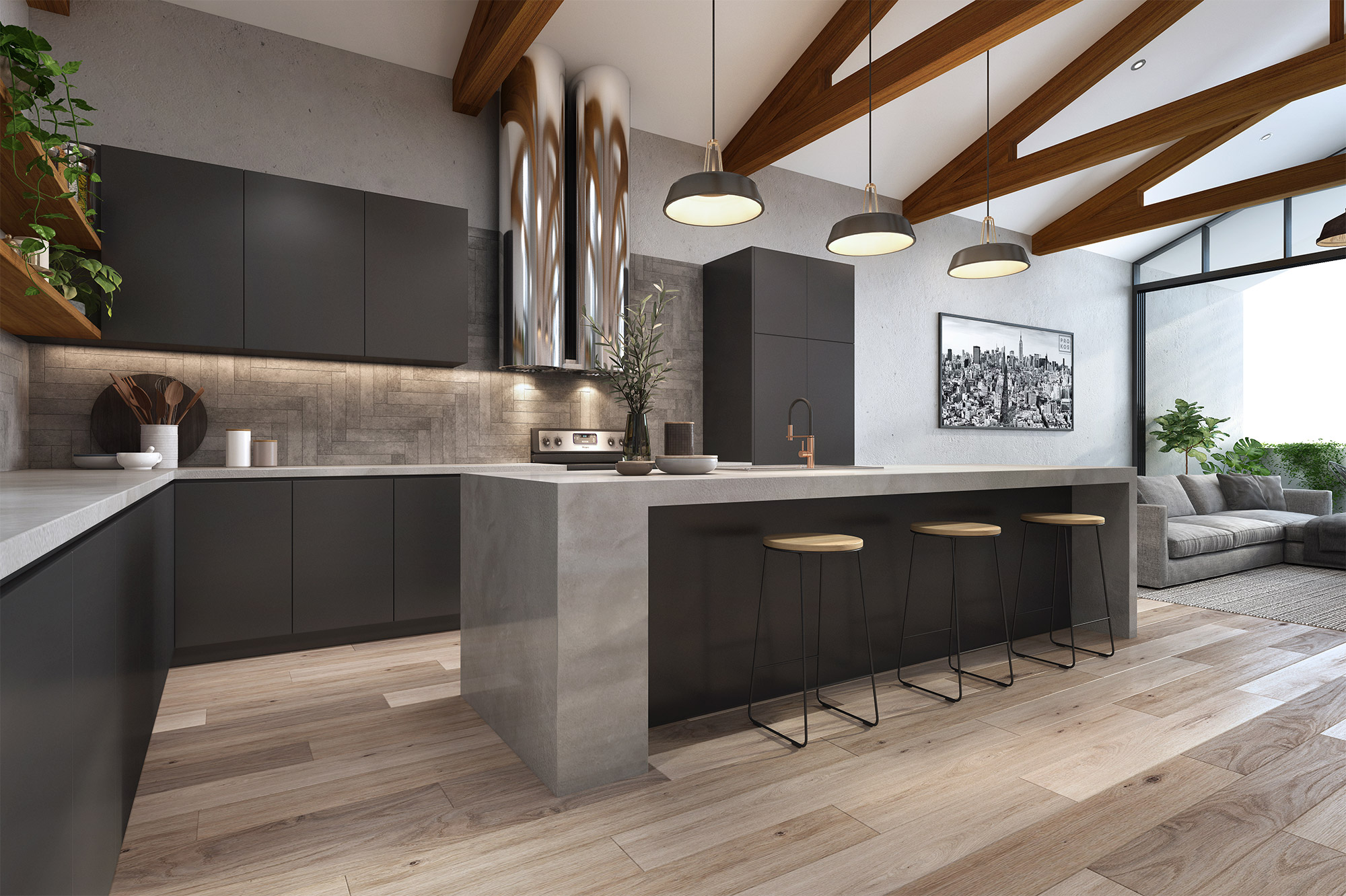 3D render modern industrial kitchen with concrete island black cabinets timber ceiling beams and pendant lighting