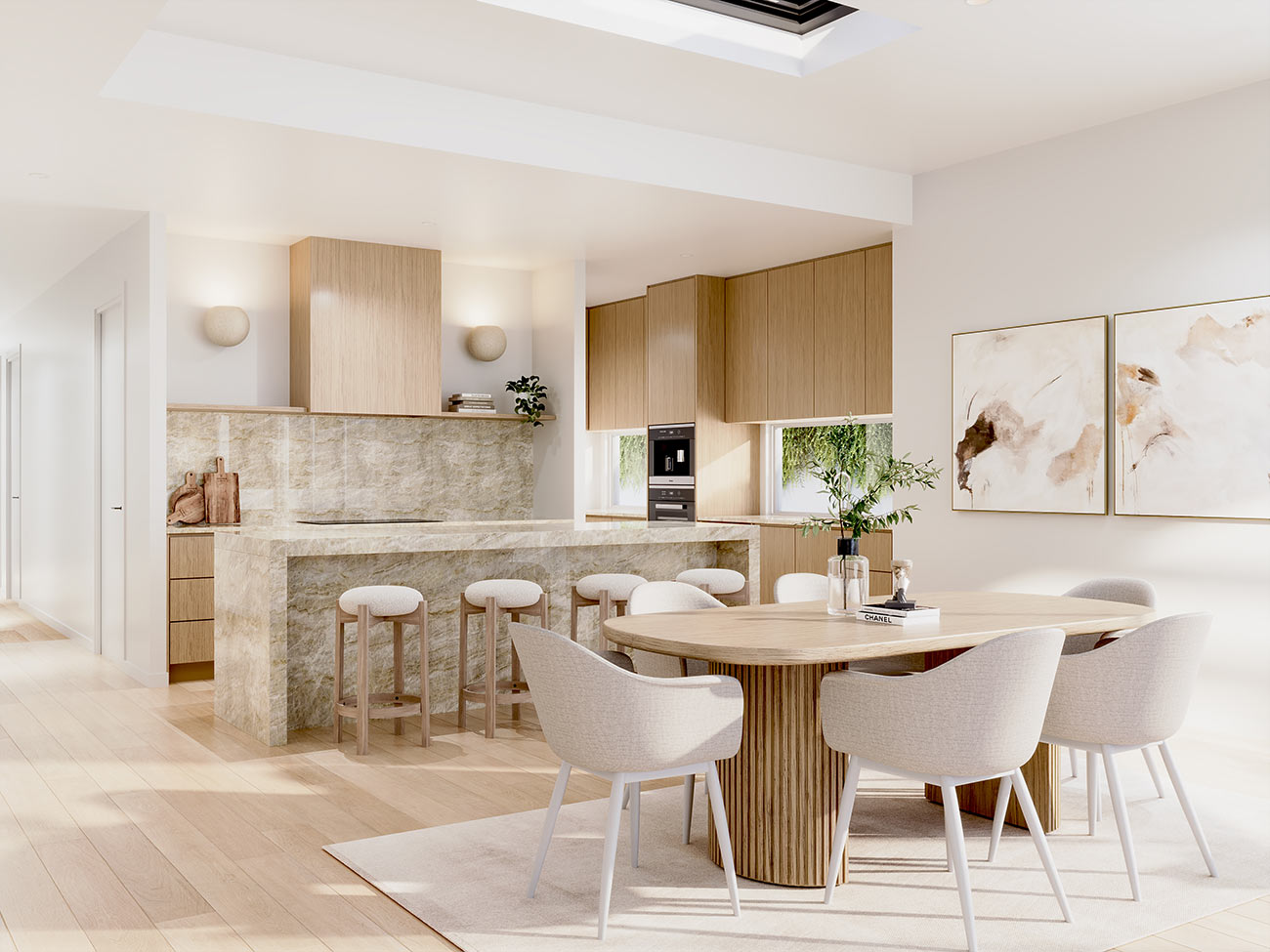 3D Render of modern kitchen dining room interior featuring stone island light wood cabinetry neutral tones and contemporary luxury design