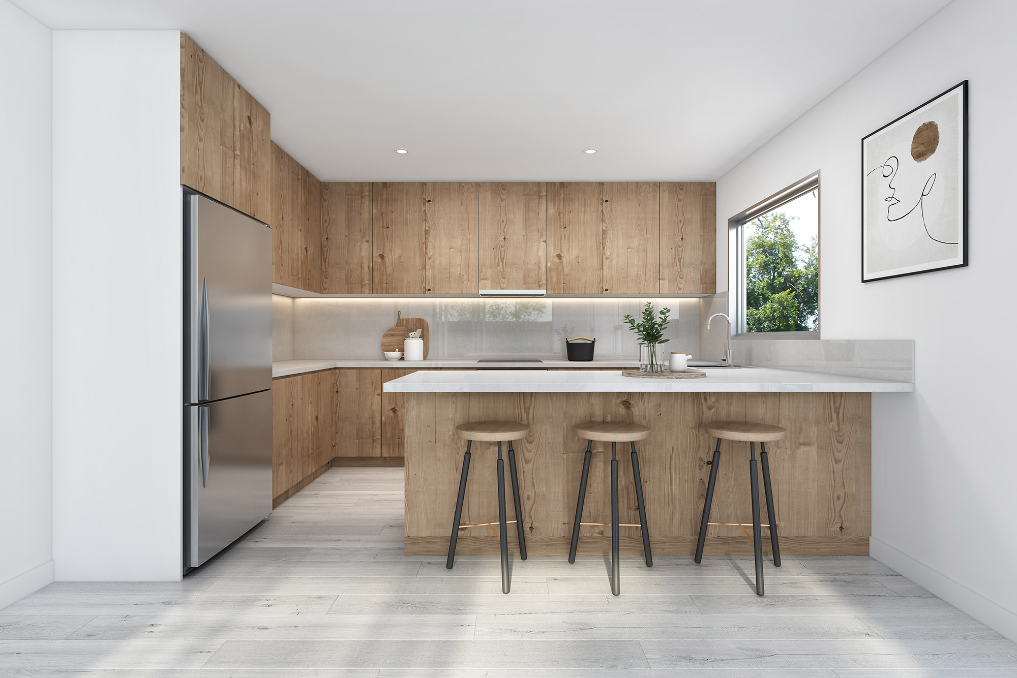 3D render modern light wood l-shaped kitchen with white countertop bar stools and minimalist interior design