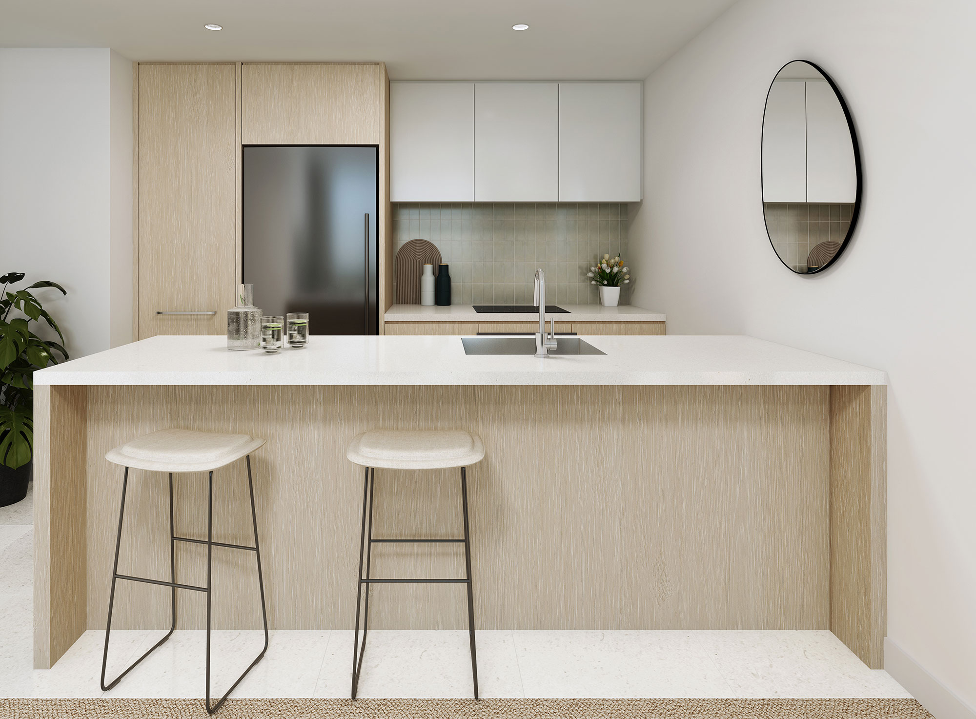 3D render minimalist light wood kitchen with white island countertop bar stools and modern apartment interior design