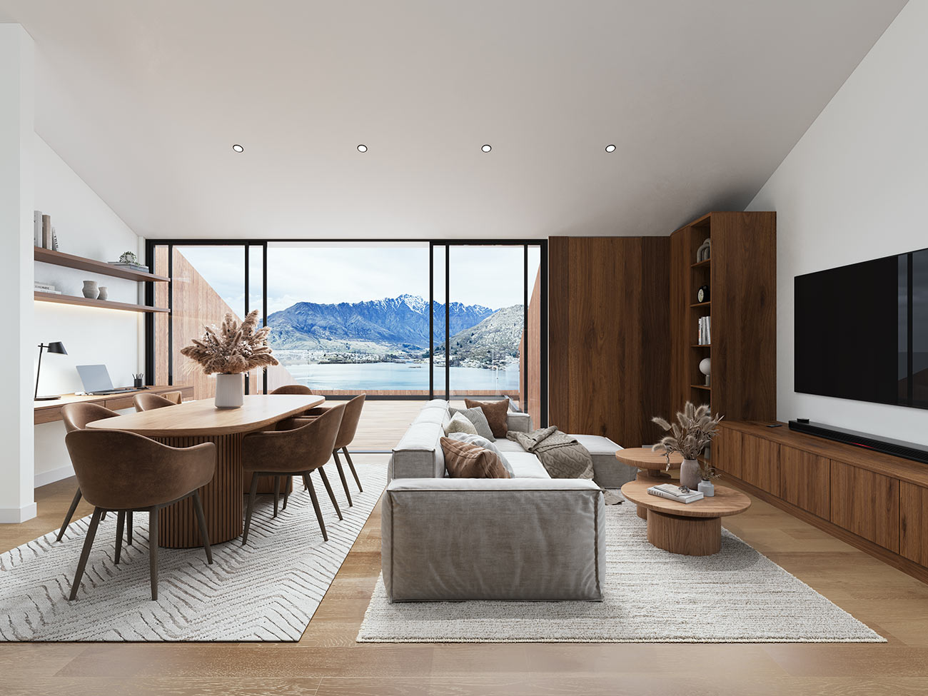 3D render modern open plan living and dining room with wooden furniture large glass windows lake and mountain views natural light interior