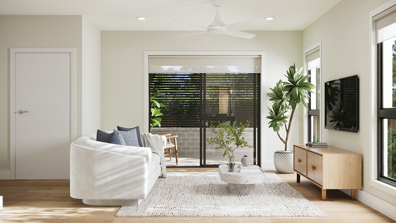 3D render modern living room with balcony sliding glass doors natural light sofa indoor plants minimalist interior design