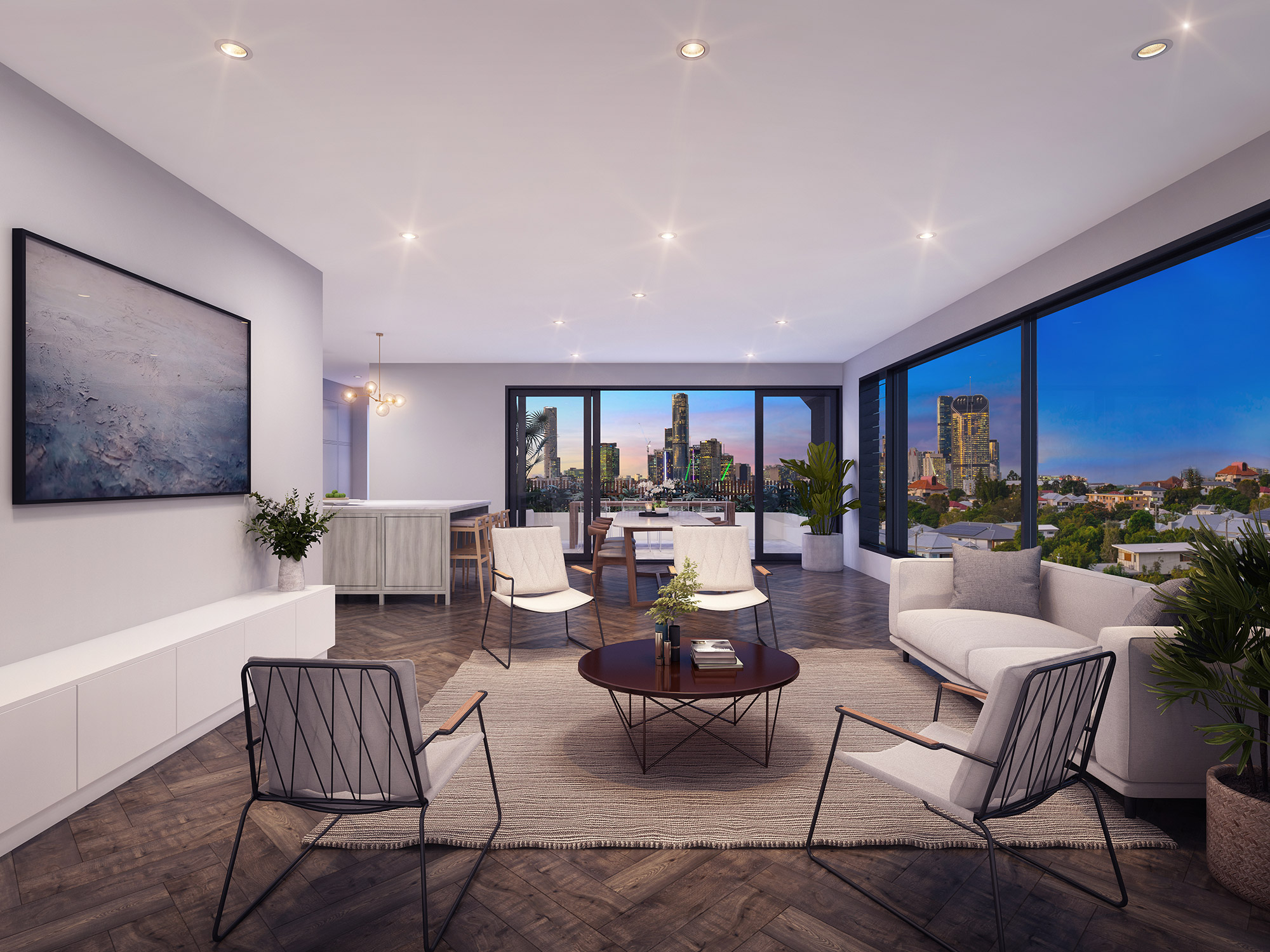 3D render modern living room with city skyline view at night large windows open plan layout contemporary furniture and lighting
