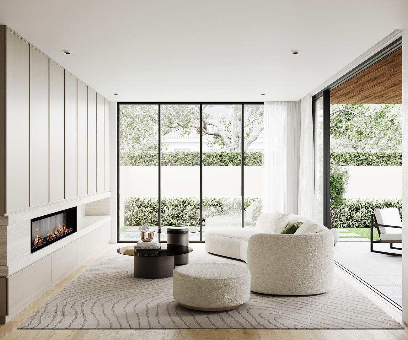 3D render modern living room with curved sofa fireplace floor to ceiling windows natural light neutral interior and indoor outdoor connection