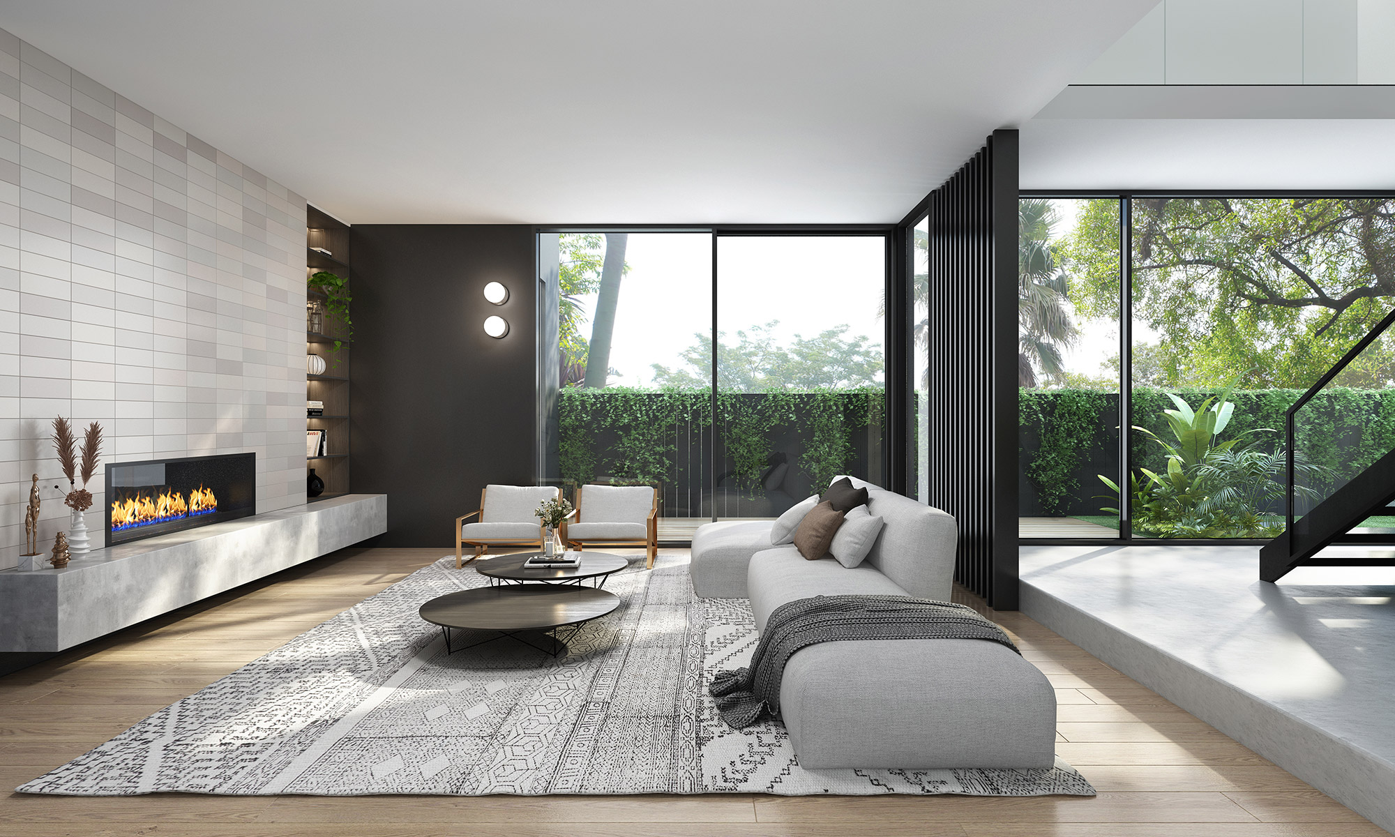 3D render modern living room with fireplace large sliding glass windows indoor outdoor connection contemporary furniture natural light