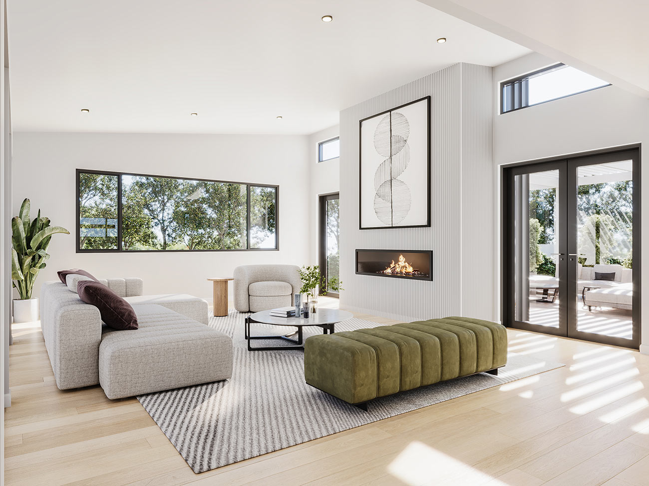 3D render modern living room with fireplace large windows natural light sofa lounge seating contemporary luxury interior design