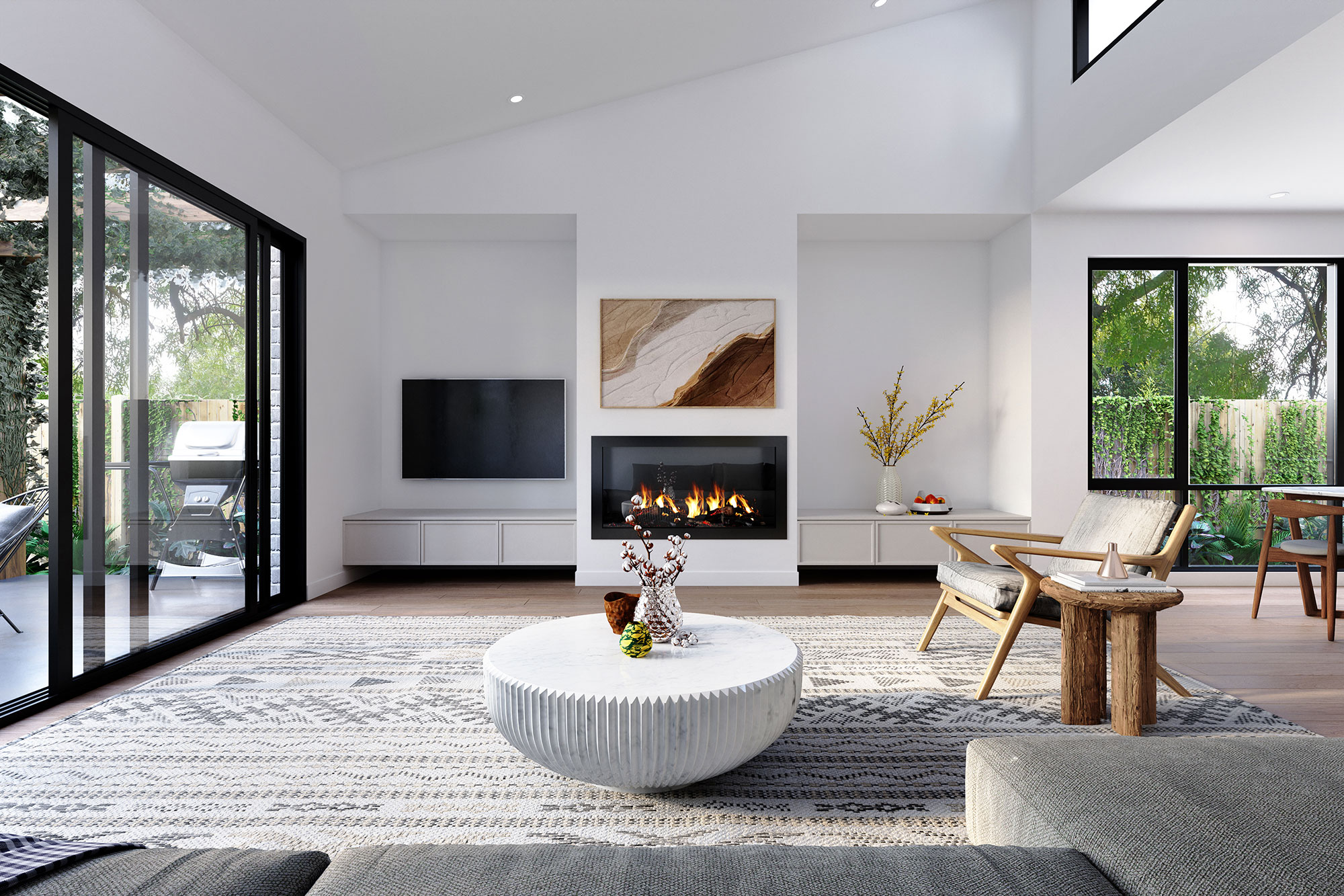 3D render modern living room with fireplace open plan layout indoor outdoor connection large windows natural light and contemporary furniture