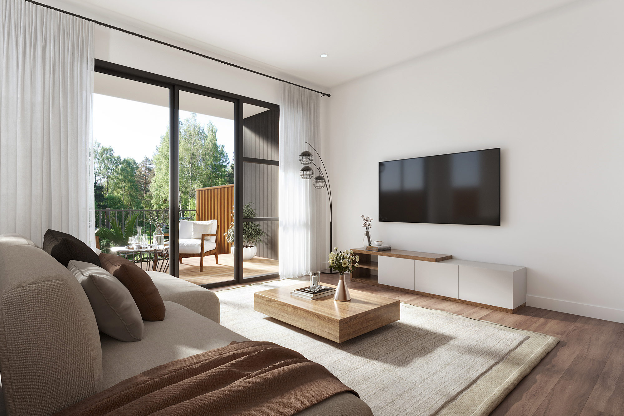 3D Render of modern living room featuring balcony access sliding glass doors natural light timber flooring neutral tones and contemporary interior styling