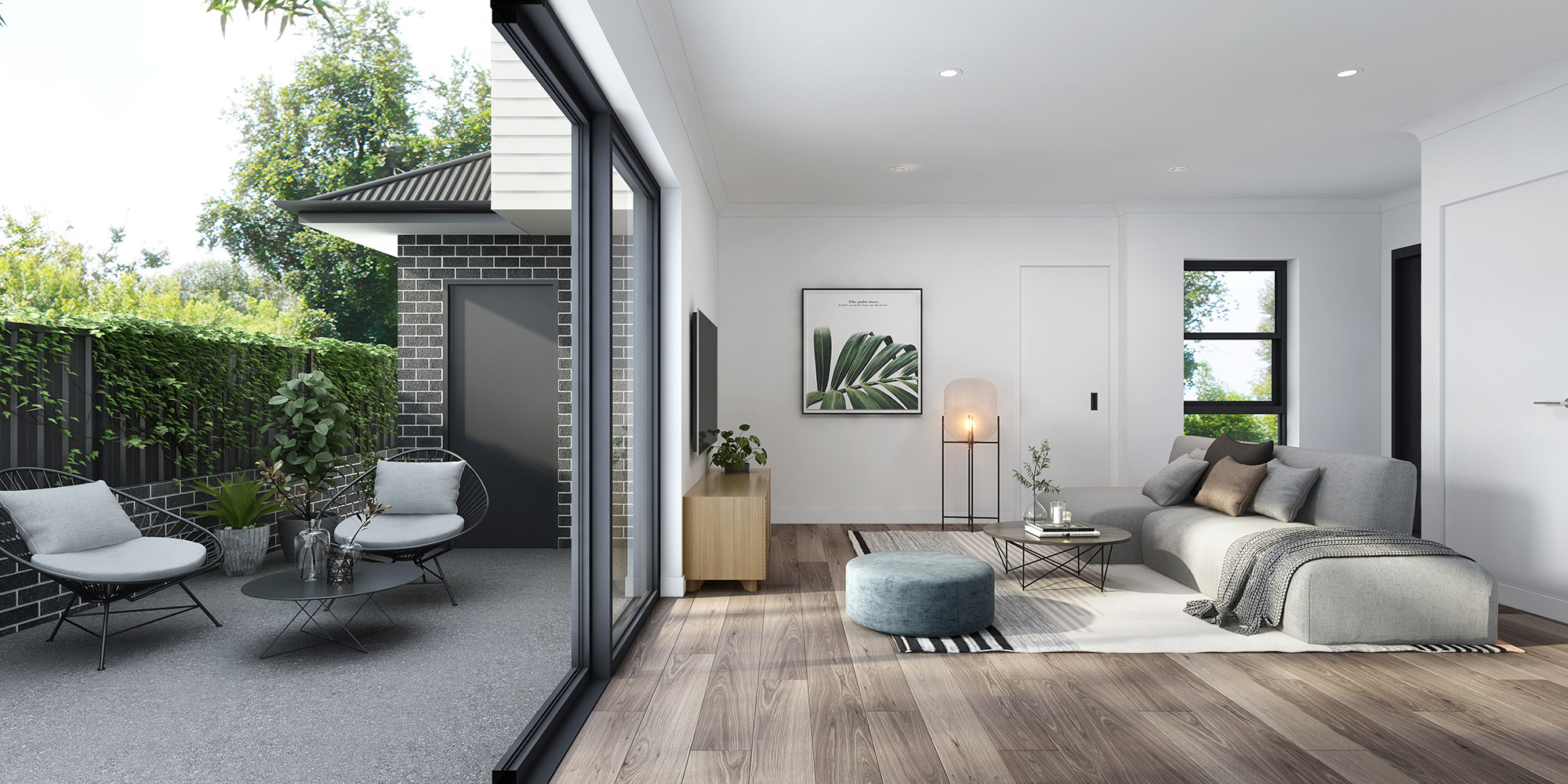 3D render modern living room with sliding glass doors opening to outdoor patio seating natural light contemporary interior design