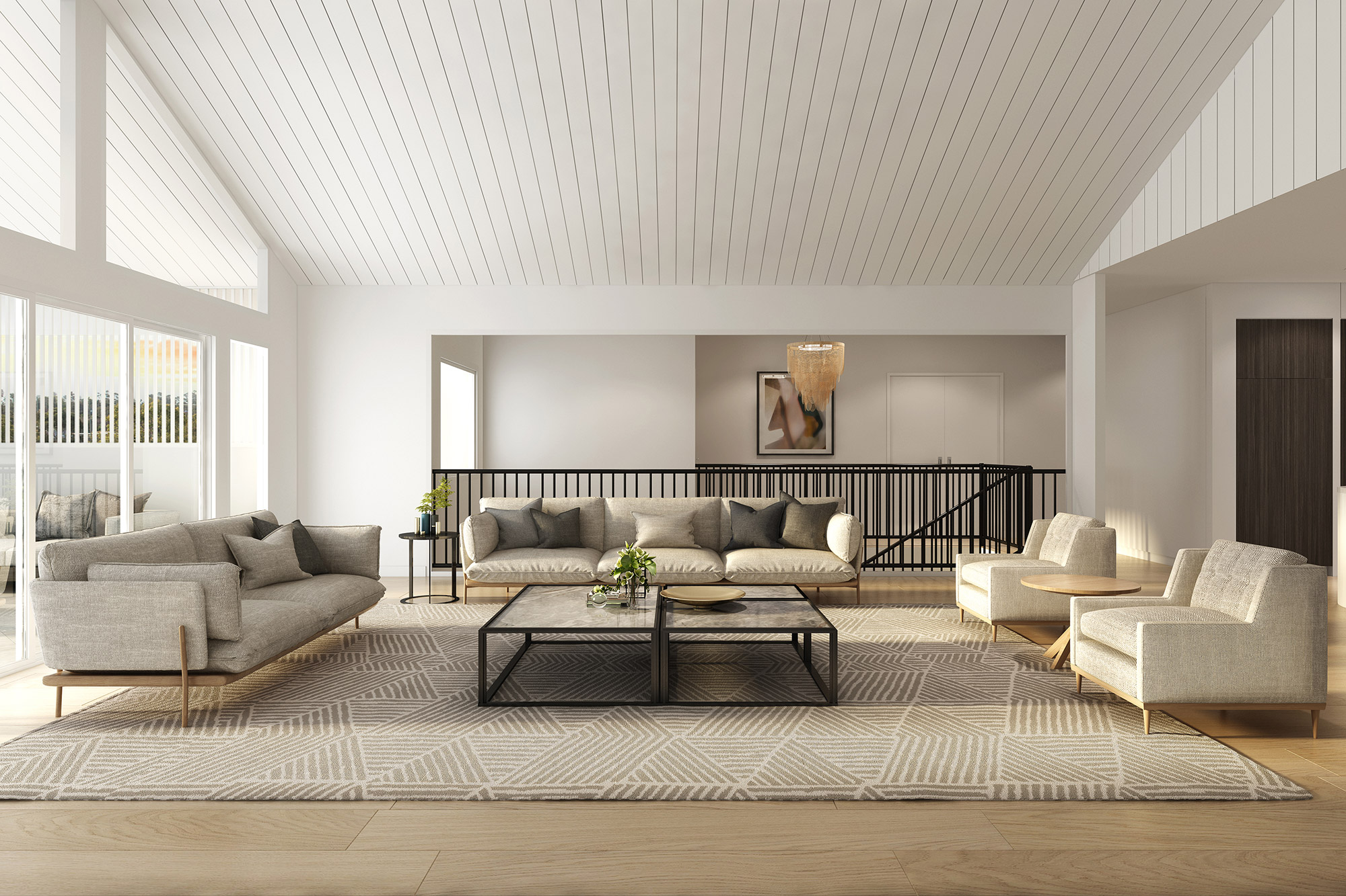 3D render modern living room with large seating area neutral tones open space layout sofa armchairs coffee table high ceiling interior design