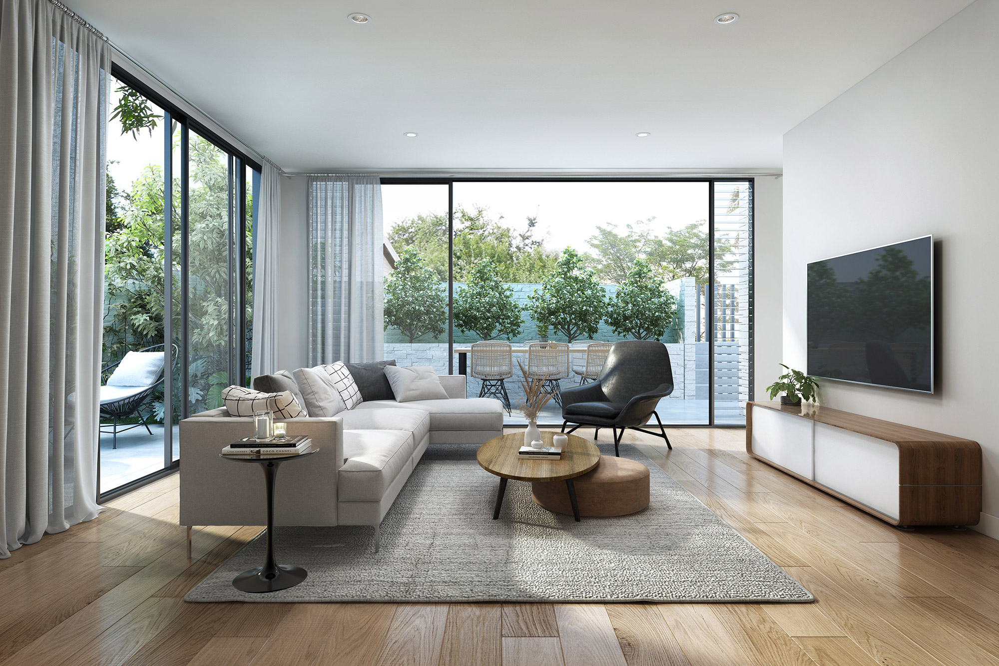 3D render modern living room with large sliding glass doors opening to patio natural light contemporary furniture indoor outdoor living design