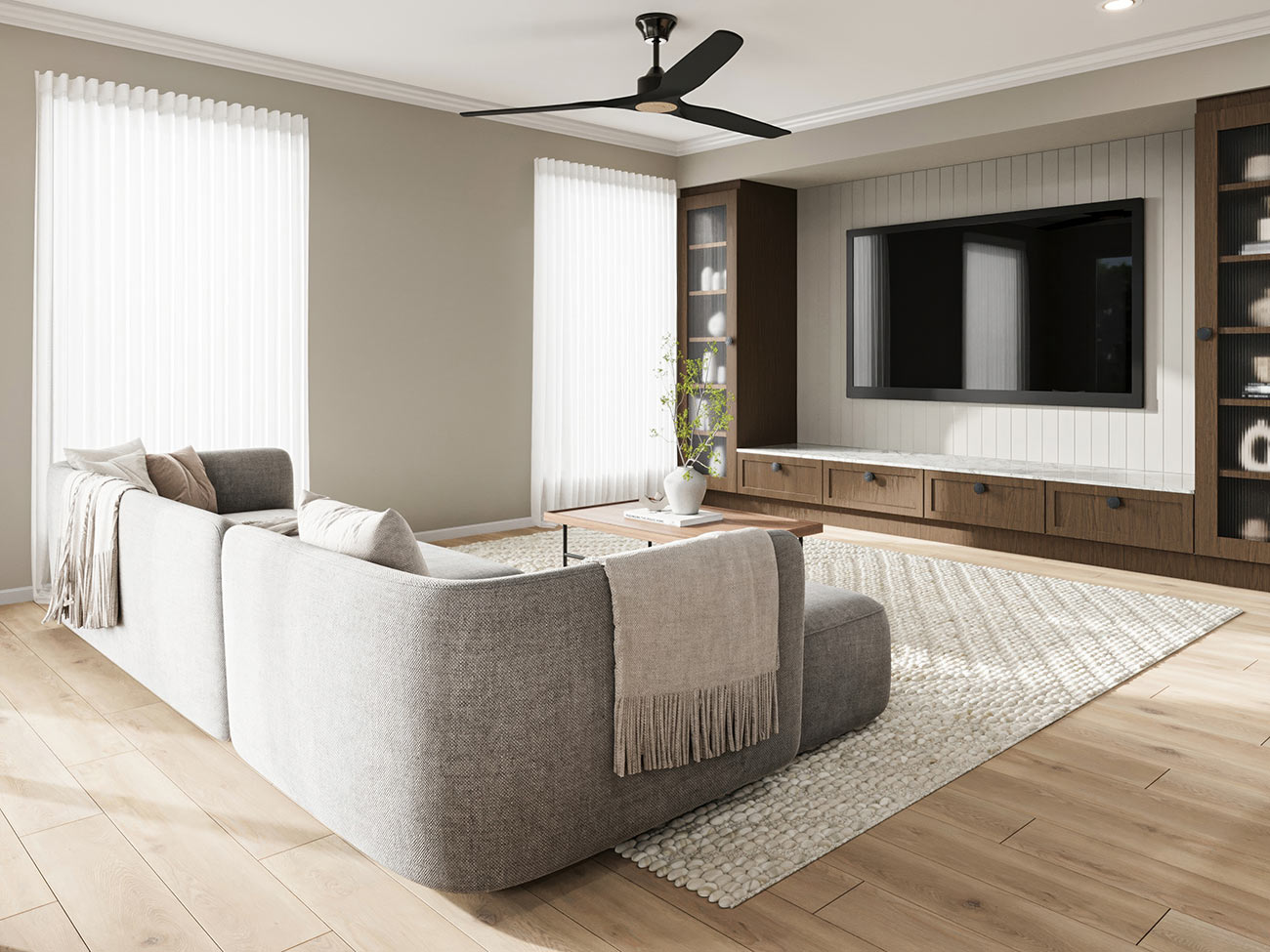 3D render modern living room with built in tv cabinet neutral tones soft furnishings natural light contemporary interior design