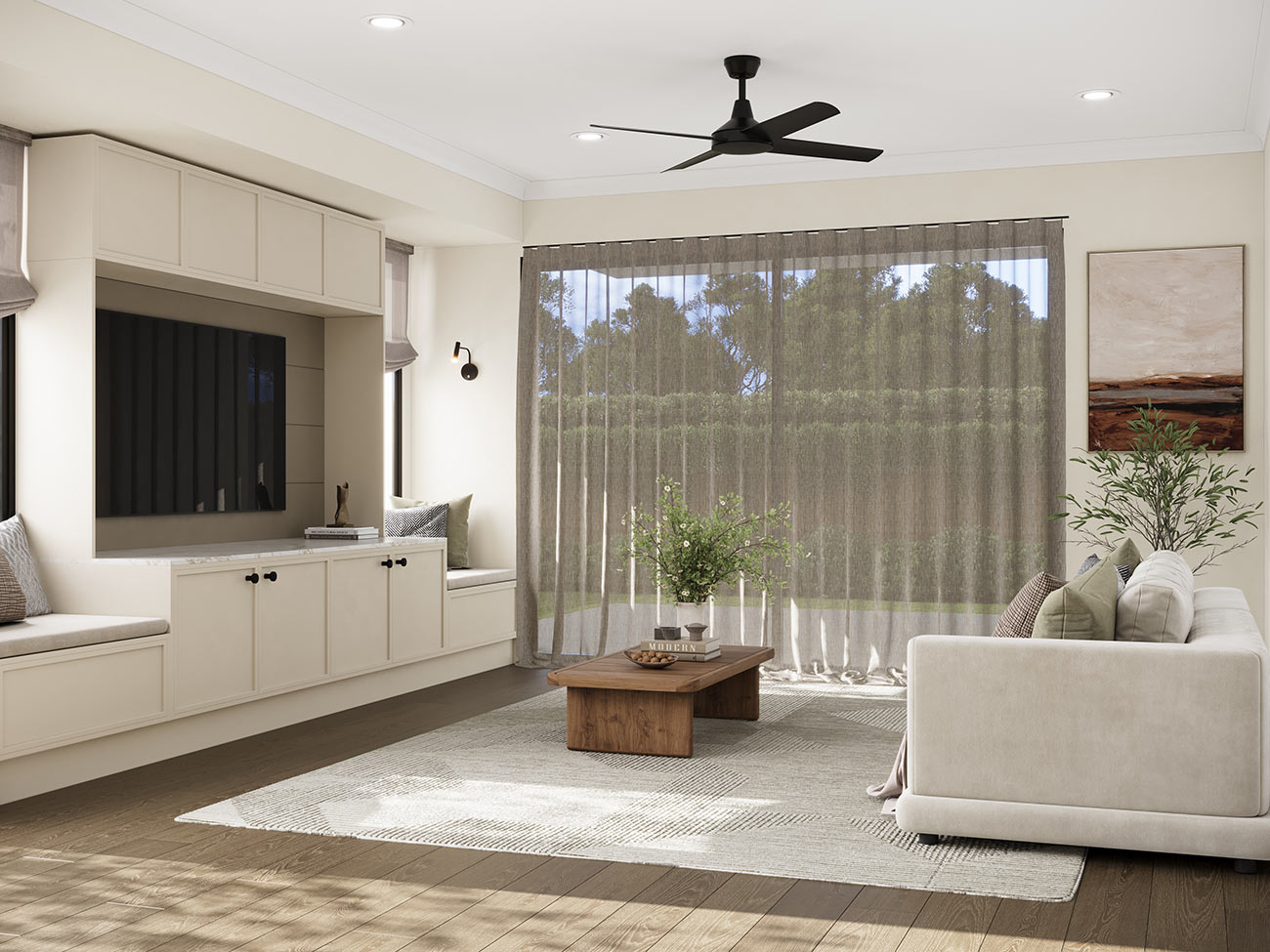 3D render modern living room with built in tv unit large window sheer curtains natural light neutral tones contemporary furniture and cozy interior
