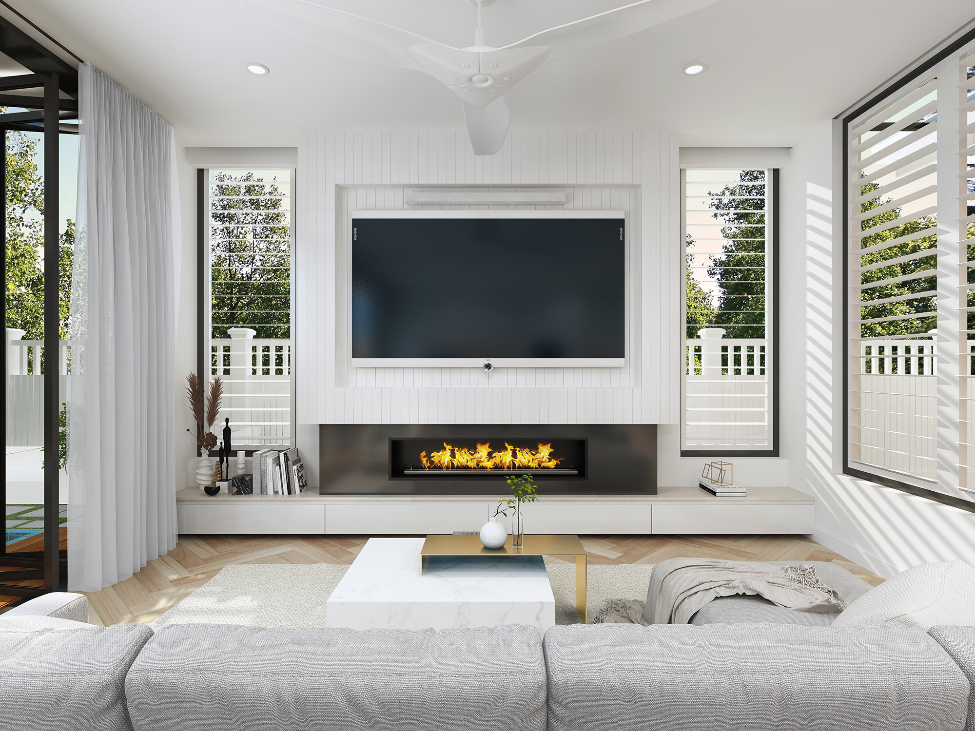 3D render modern living room with fireplace and tv feature wall bright interior natural light contemporary furniture and clean white design