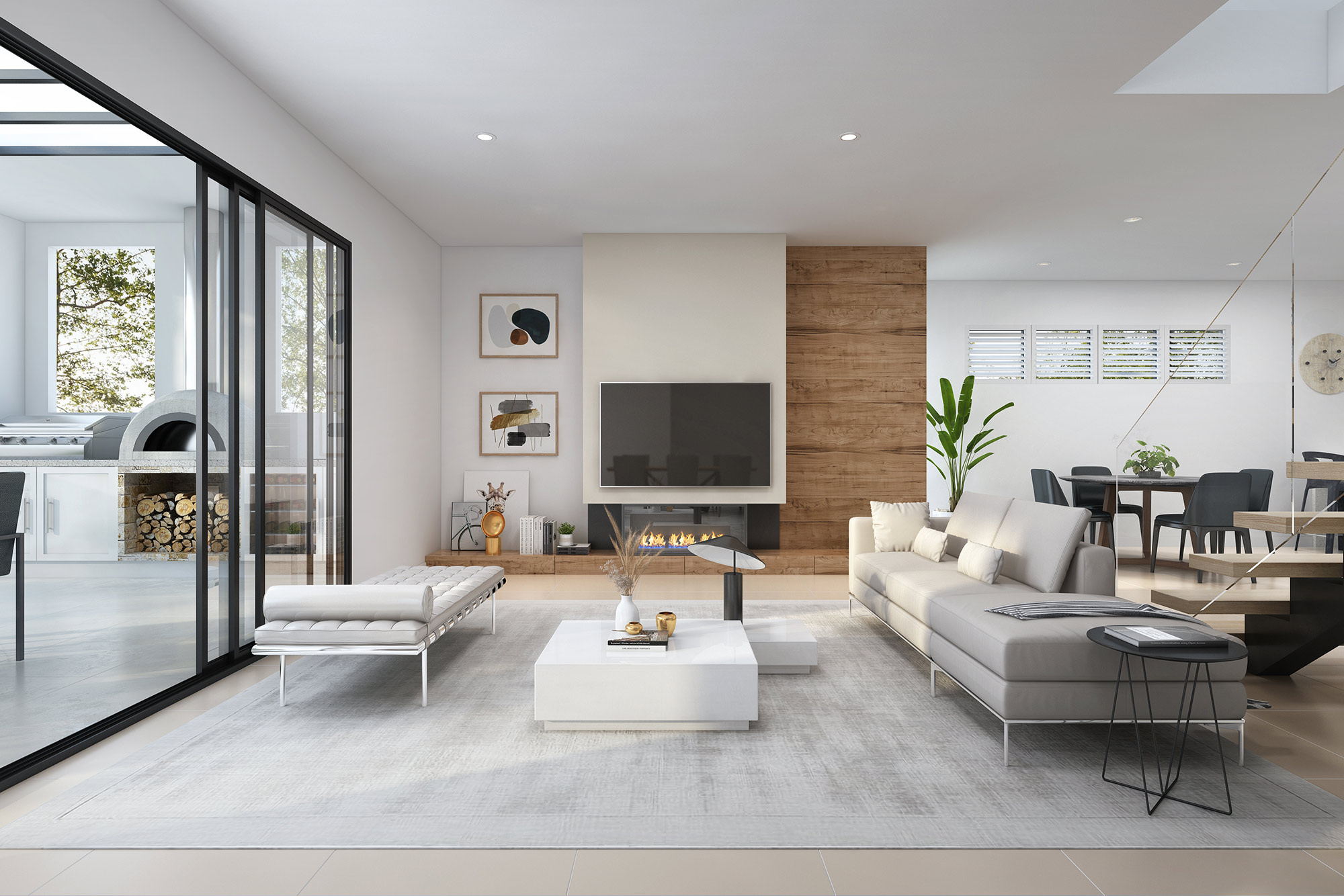 3D render modern open plan living room with fireplace, sliding glass doors, and contemporary furniture