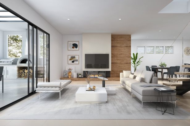 modern open plan living room with fireplace, sliding glass doors, and contemporary furniture