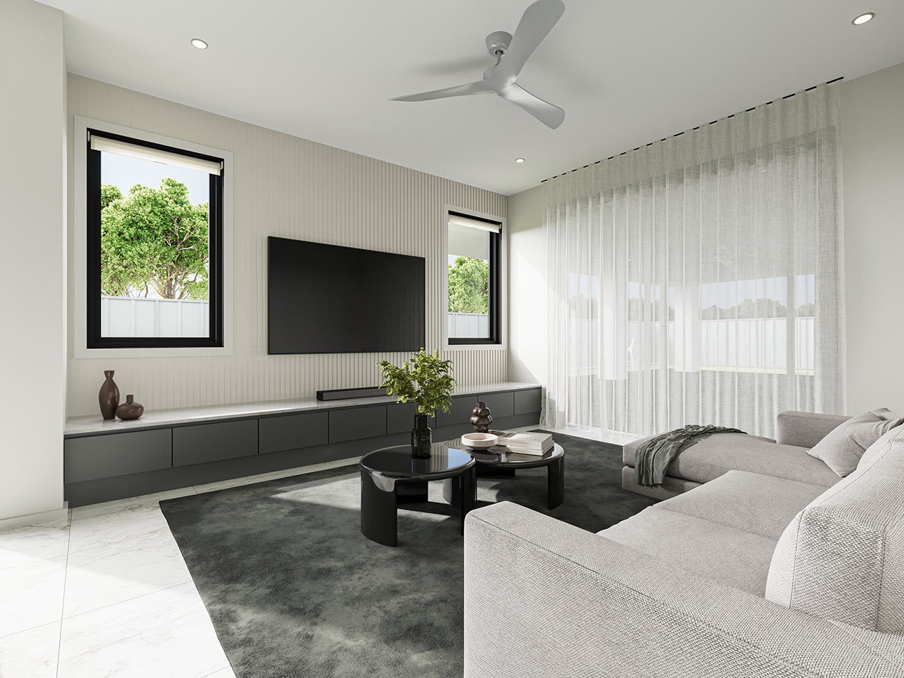 3D render modern living room with minimalist tv wall large windows natural light contemporary furniture neutral tones and soft textures