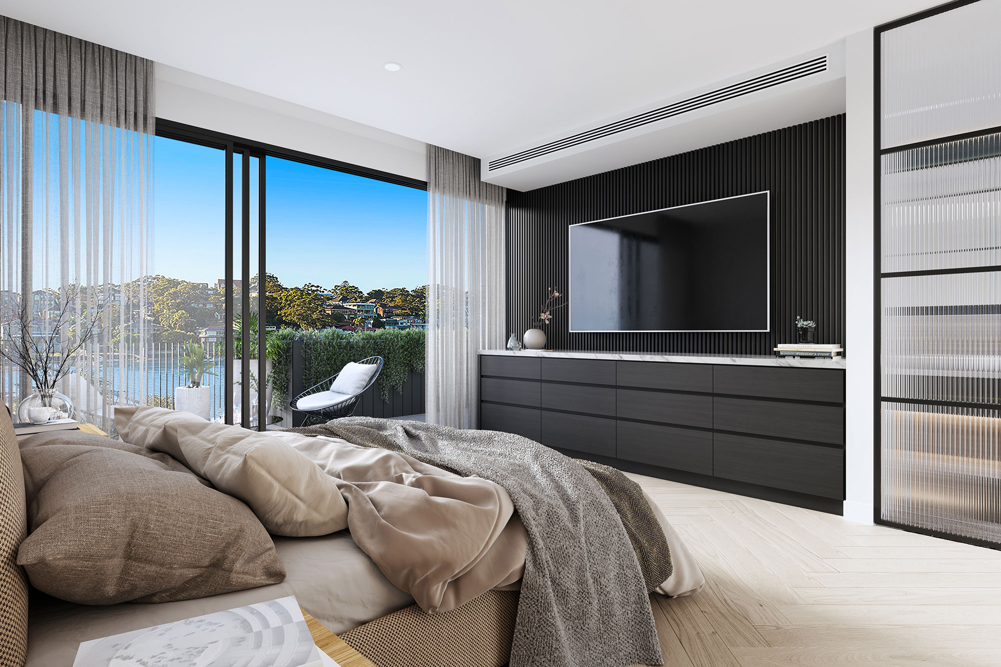 3D render modern luxury bedroom with balcony view black accent wall built in cabinetry large windows sheer curtains and contemporary interior design