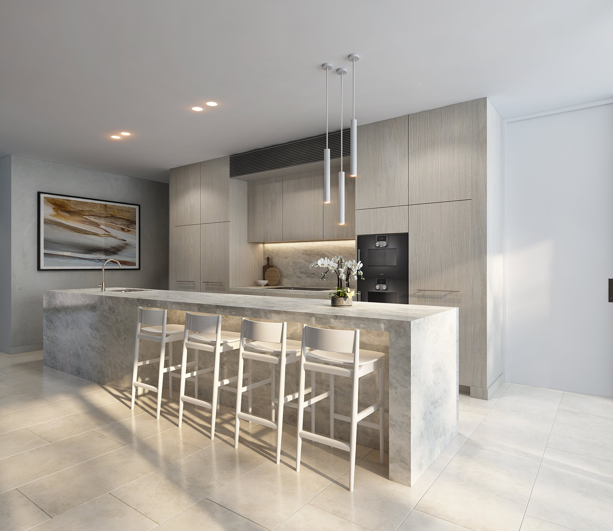 3D Render of luxury kitchen featuring marble waterfall island light wood cabinetry pendant lighting bar stools and minimalist contemporary interior design