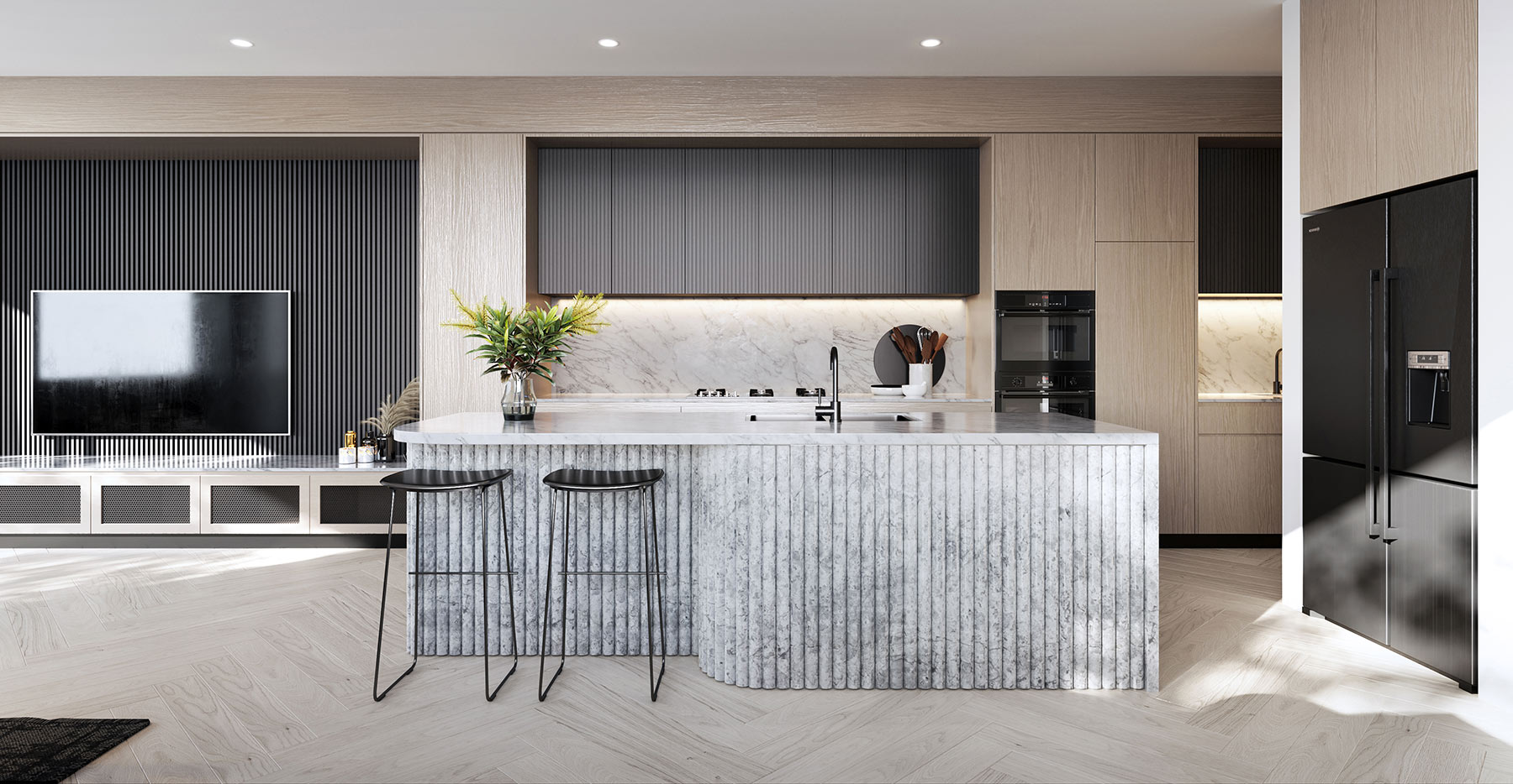 3D Render of modern luxury kitchen featuring fluted stone island black accent cabinetry marble backsplash open plan layout and contemporary interior design