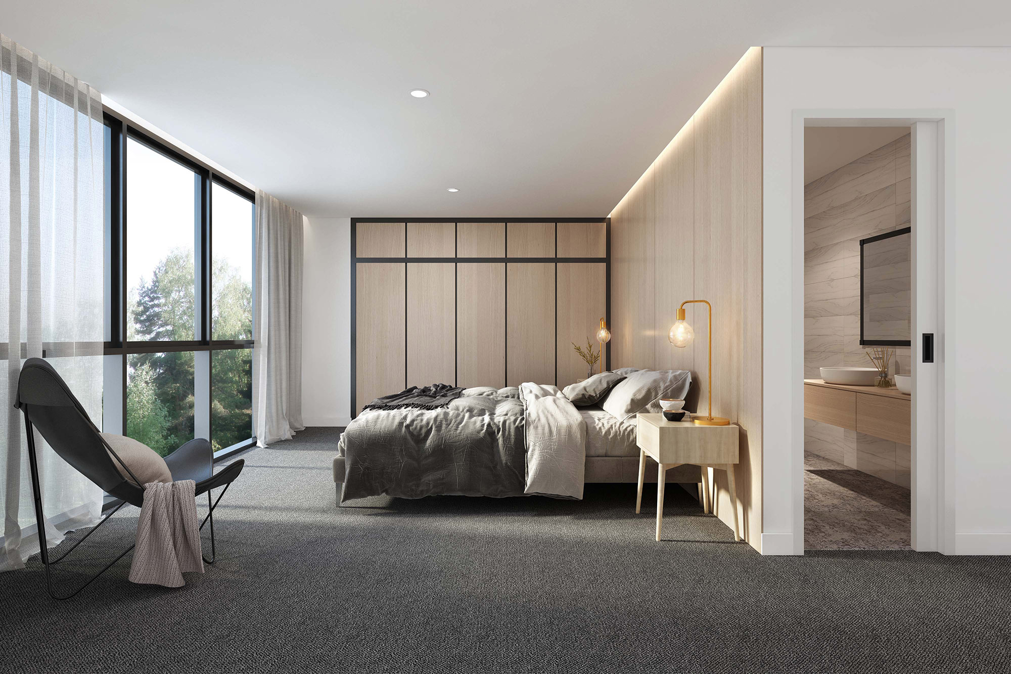 3D render modern master bedroom with ensuite bathroom large window wood accent wall soft lighting minimalist furniture and neutral interior design