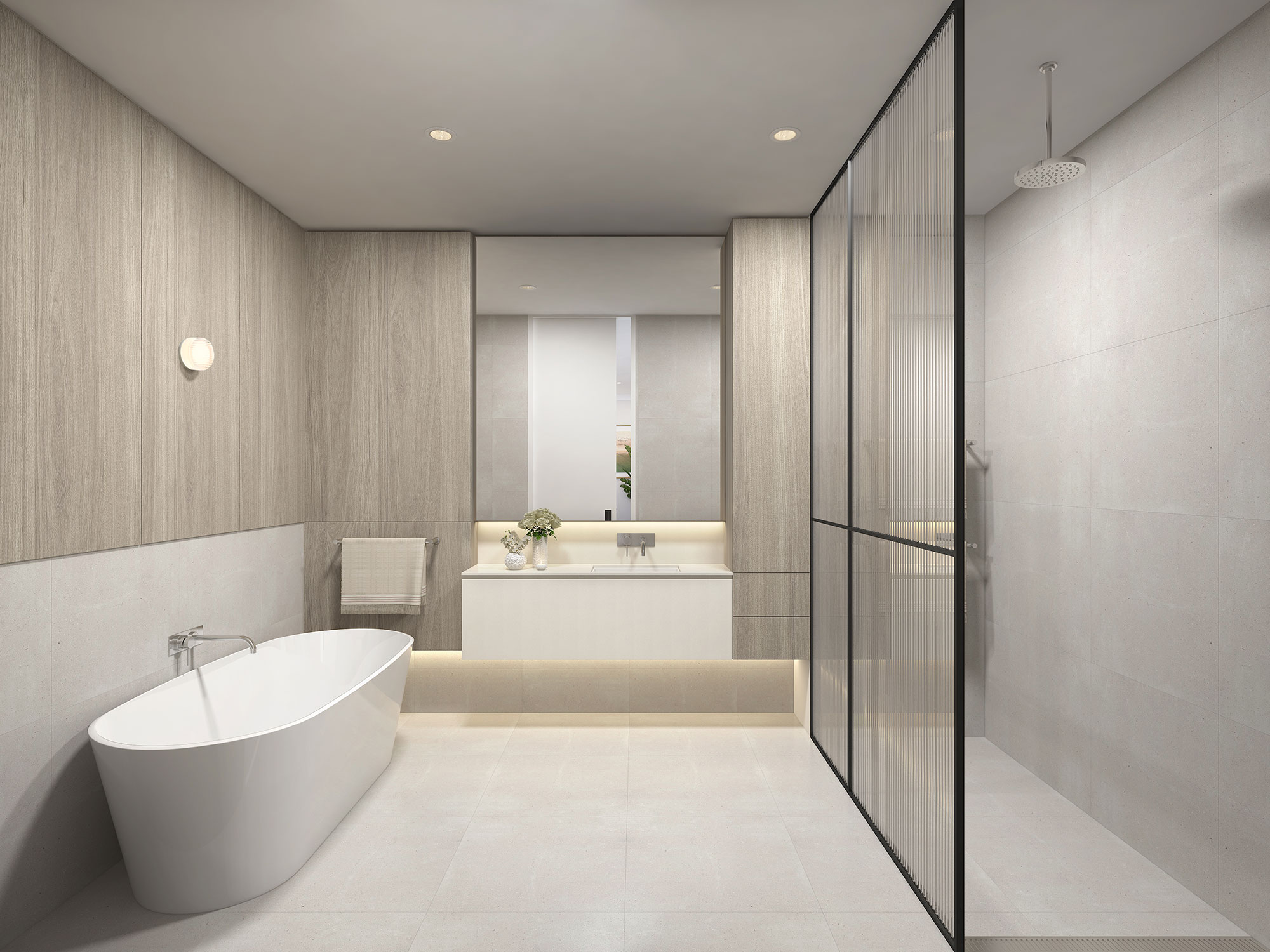 3D render modern minimalist bathroom with freestanding bathtub glass shower enclosure floating vanity neutral tones and clean contemporary interior design