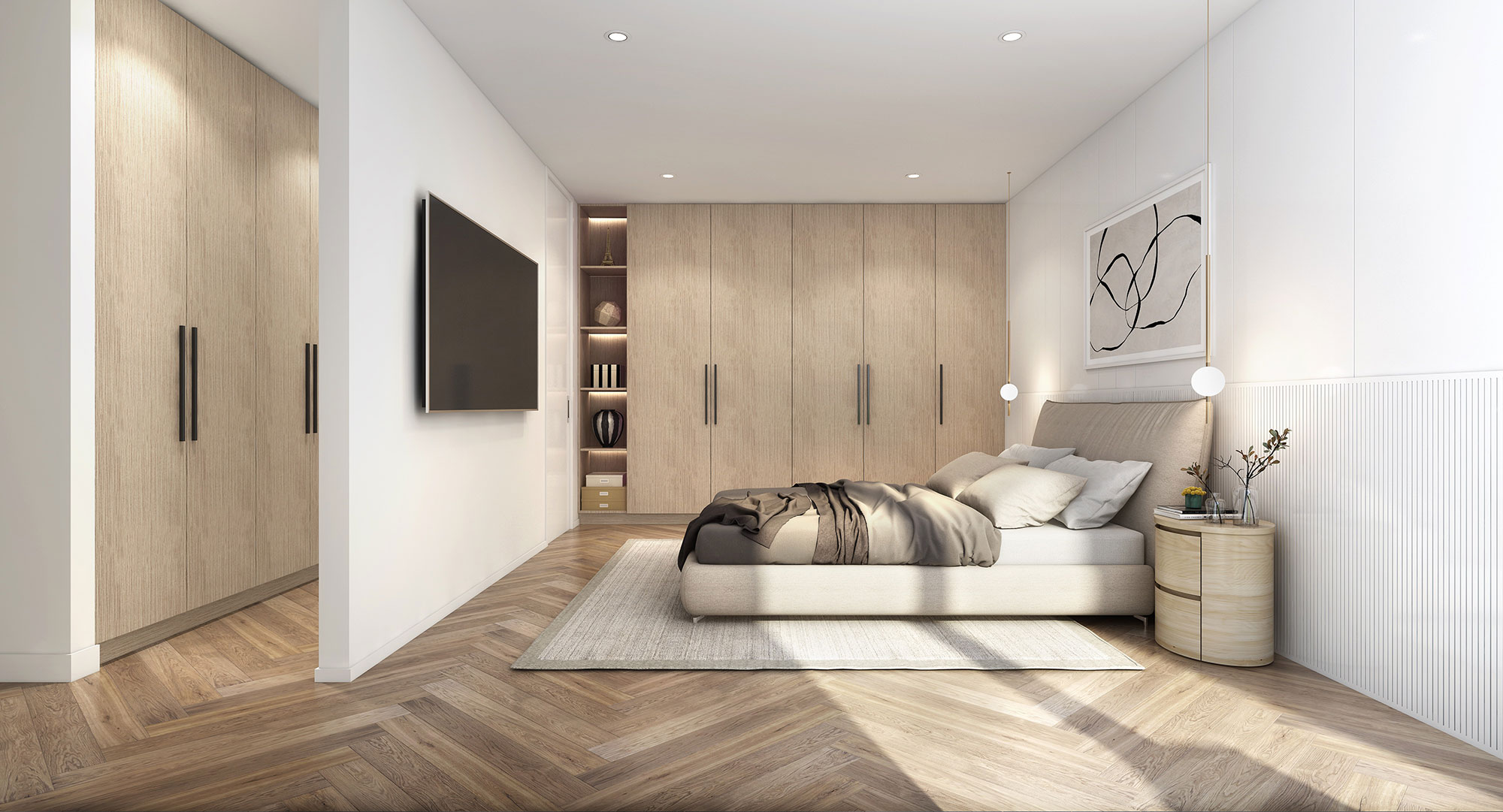 3D render modern minimalist bedroom with built in wood wardrobes herringbone wood flooring neutral tones wall mounted tv and soft natural lighting