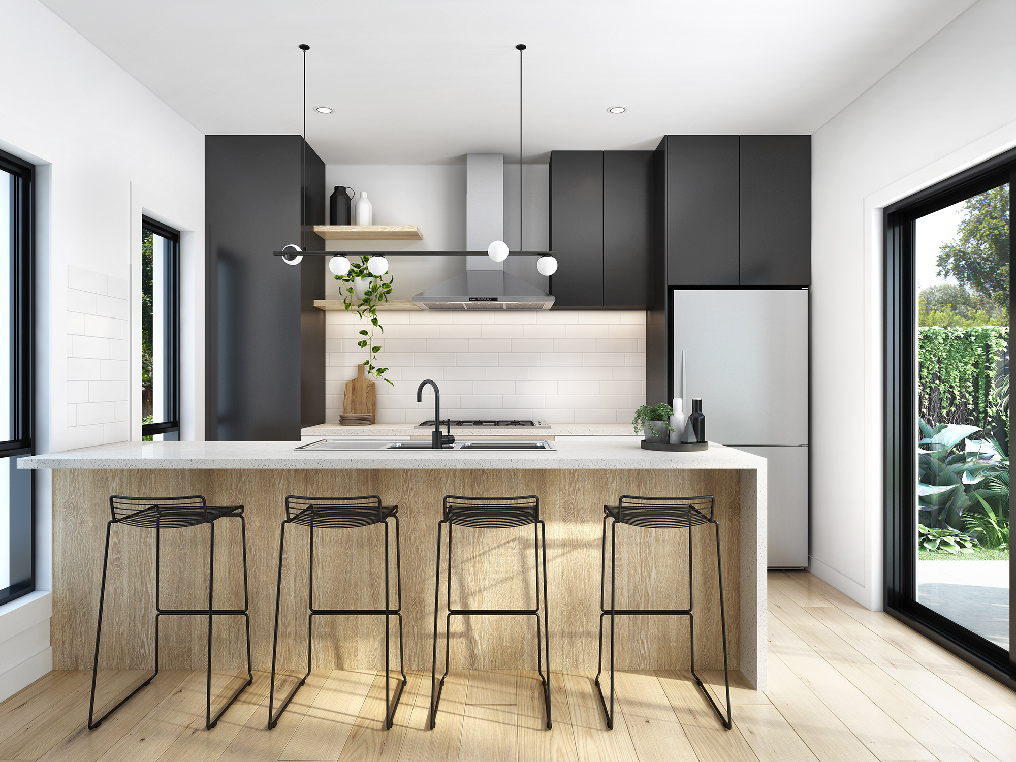 3D Render of modern minimalist kitchen featuring black cabinetry wood island white backsplash bar stools pendant lighting and contemporary interior design