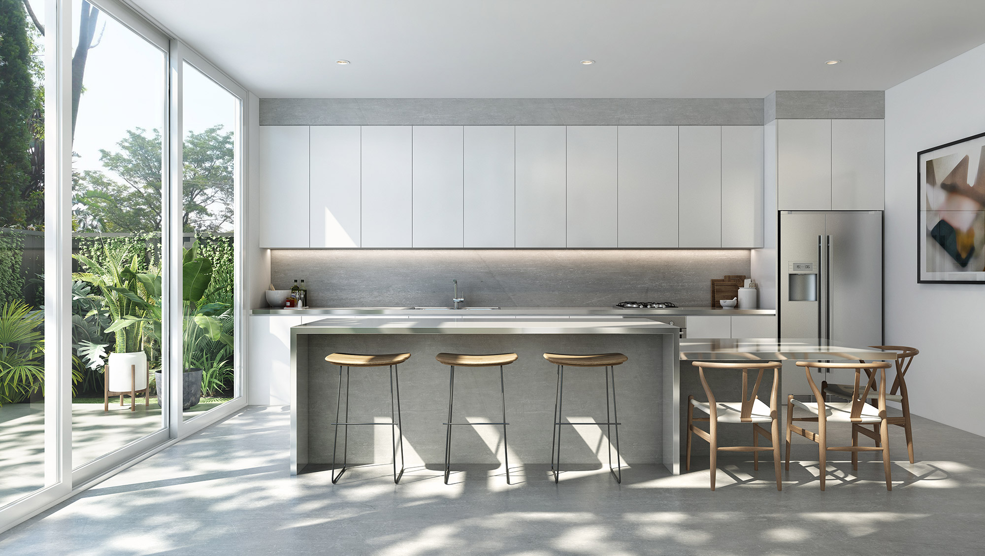3D render modern minimalist kitchen with large windows island bar stools and adjacent dining area natural light interior design