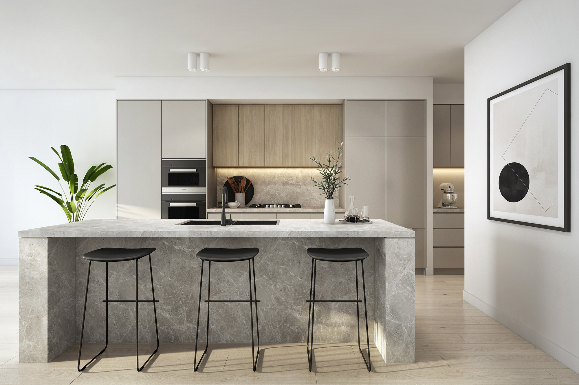 3D Render of modern minimalist kitchen featuring stone island neutral tones black bar stools integrated appliances and clean contemporary interior design