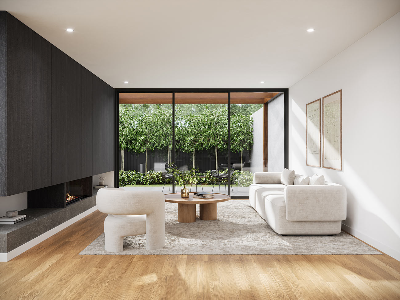 3D render modern minimalist living room with fireplace large glass doors garden view natural light neutral tones contemporary furniture