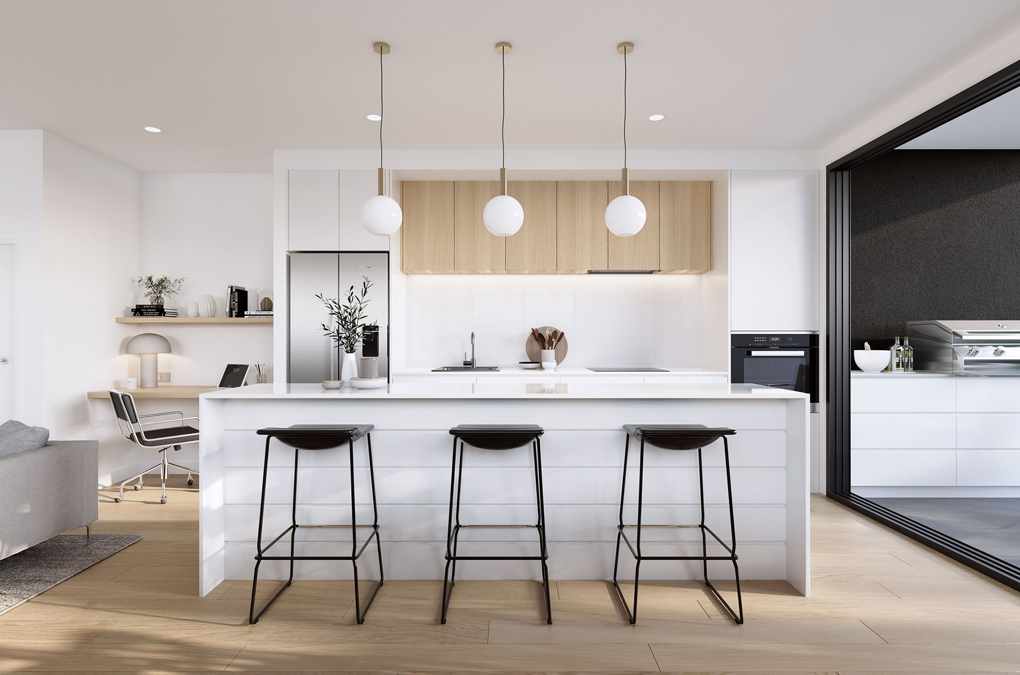 3D Render of modern minimalist white kitchen featuring breakfast bar pendant lighting light wood cabinets open plan interior design and clean contemporary styling