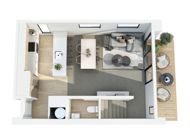 3D render top view of a modern open-plan floor plan with kitchen, dining area, living room, staircase, and outdoor deck