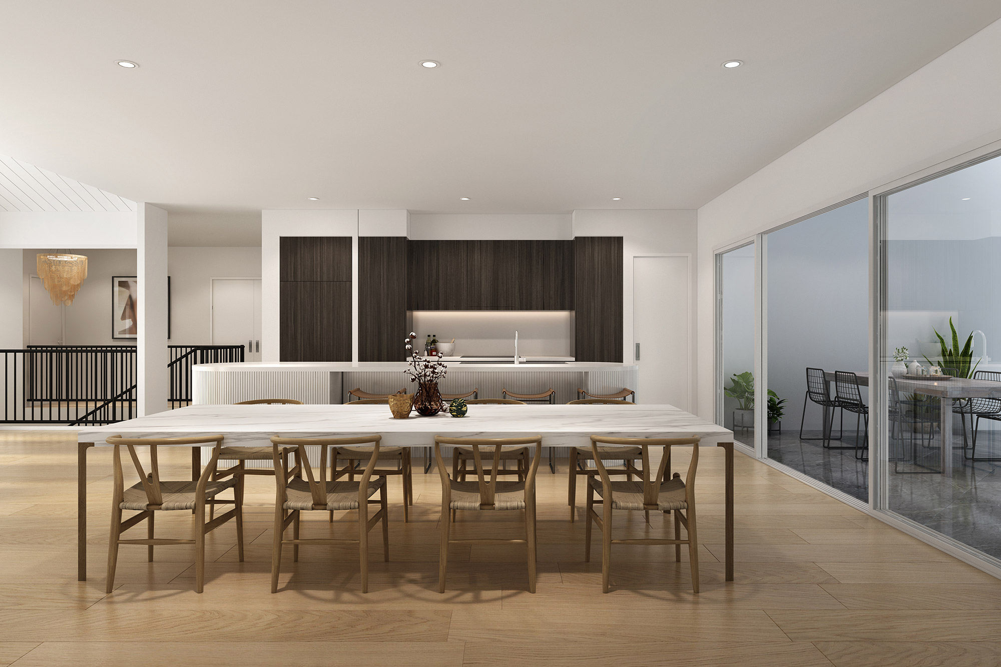 3D Render of modern open plan kitchen and dining area featuring large timber dining table timber flooring sliding glass doors minimalist cabinetry and contemporary interior design