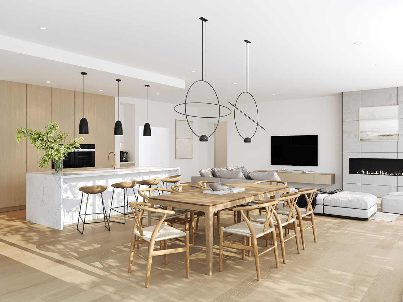 3D render modern open plan kitchen dining living area with marble island wood furniture pendant lighting and fireplace