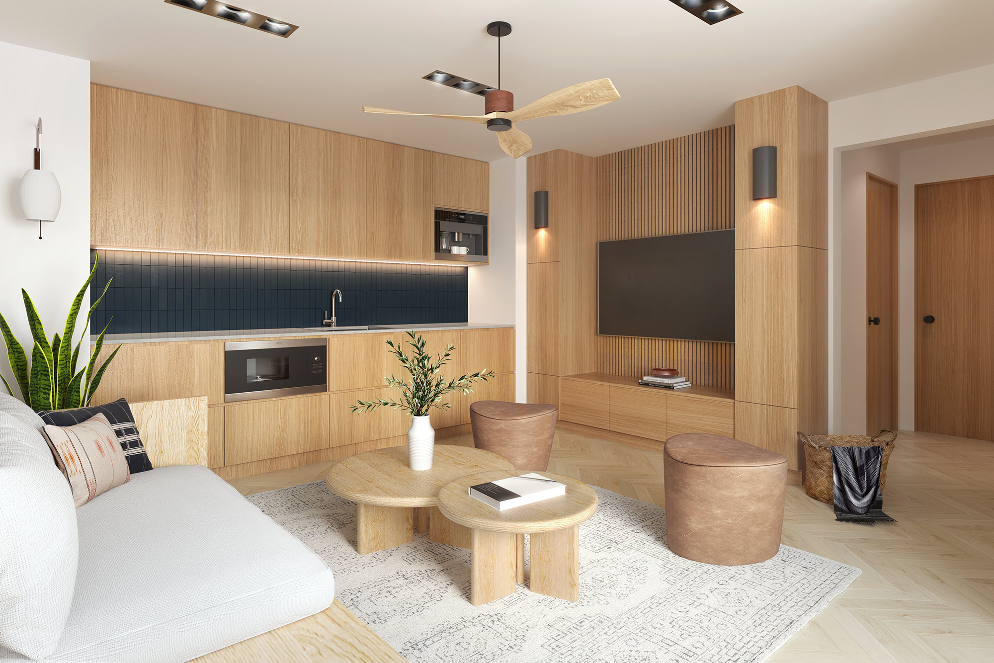 3D render modern open plan kitchen and living room with wood cabinetry compact layout built in appliances contemporary interior design