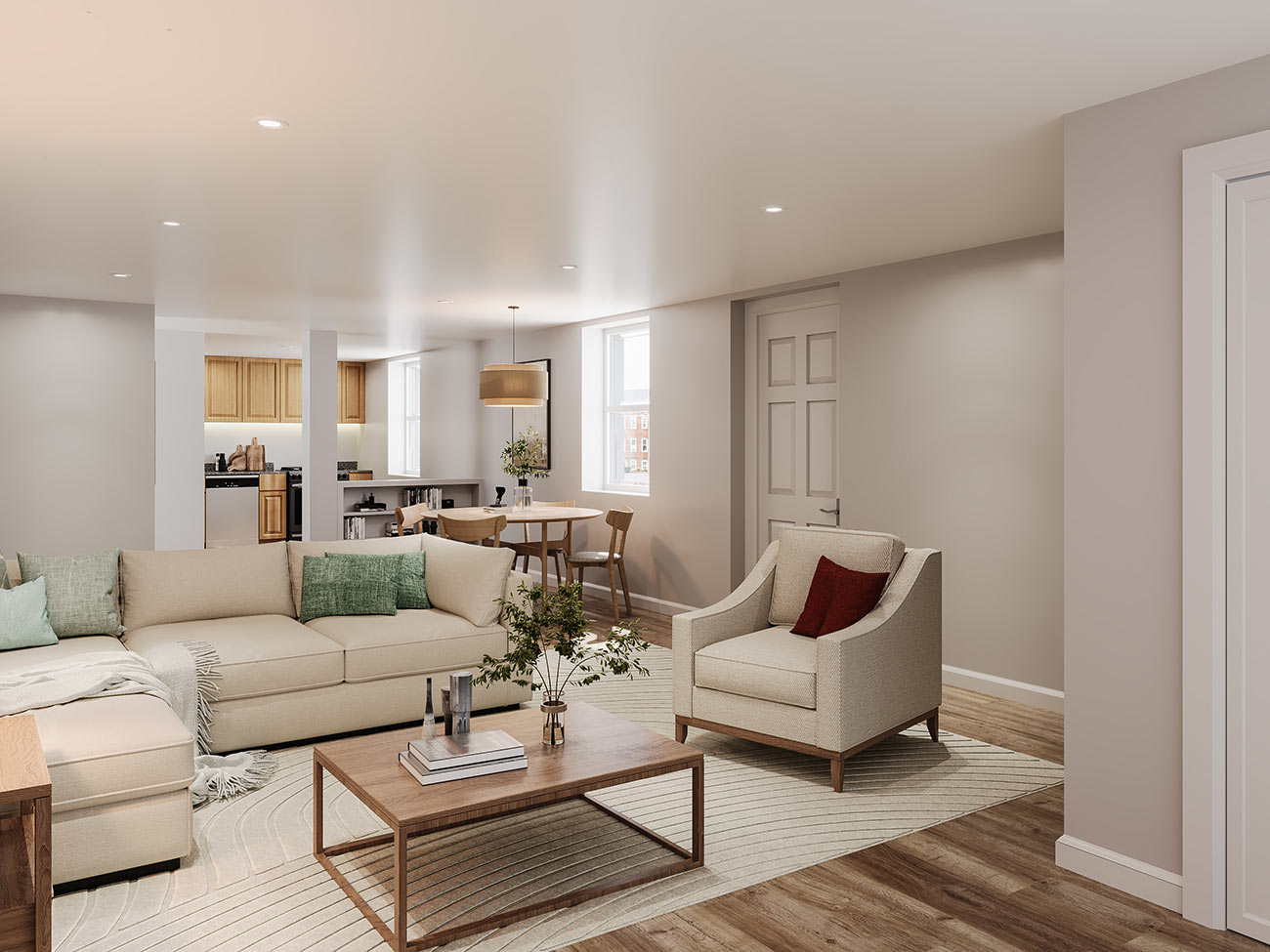 3D render modern open plan living dining apartment with sofa armchair wooden coffee table kitchen in background neutral tones contemporary interior