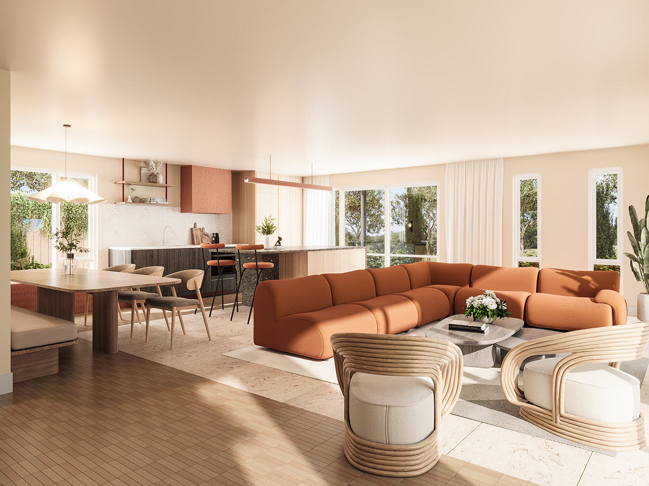3D render modern open plan living kitchen with warm tones curved sofa wood furniture and large windows