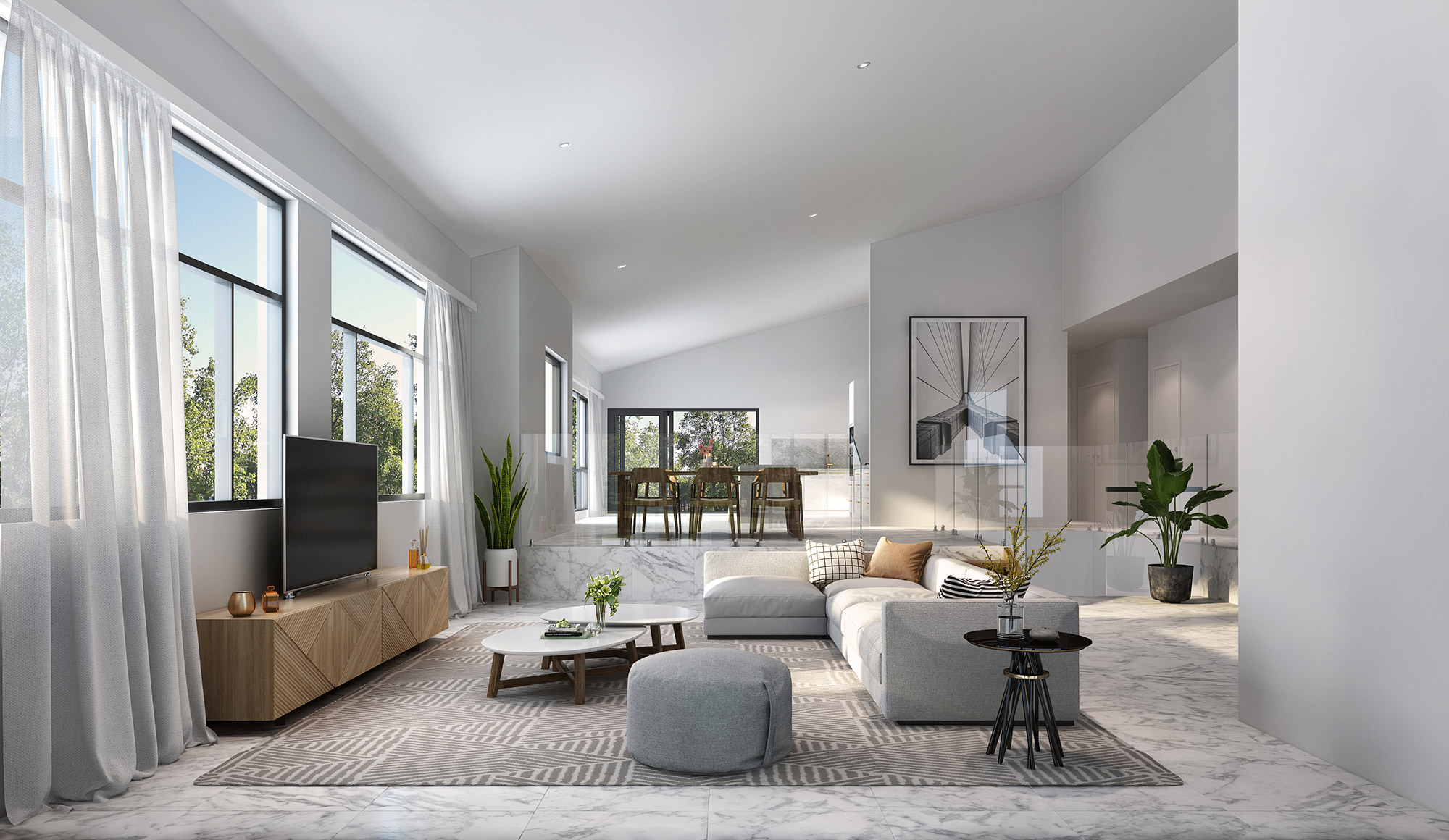 3D render modern open plan living room with dining area high ceilings large windows natural light contemporary furniture and marble flooring