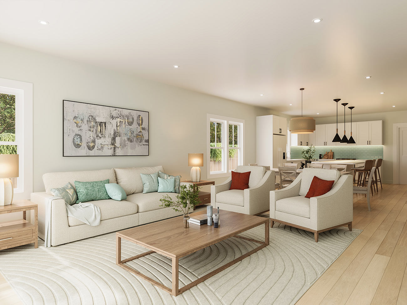 3D render modern open plan living room with sofa armchairs wooden coffee table connected kitchen neutral tones cozy contemporary interior
