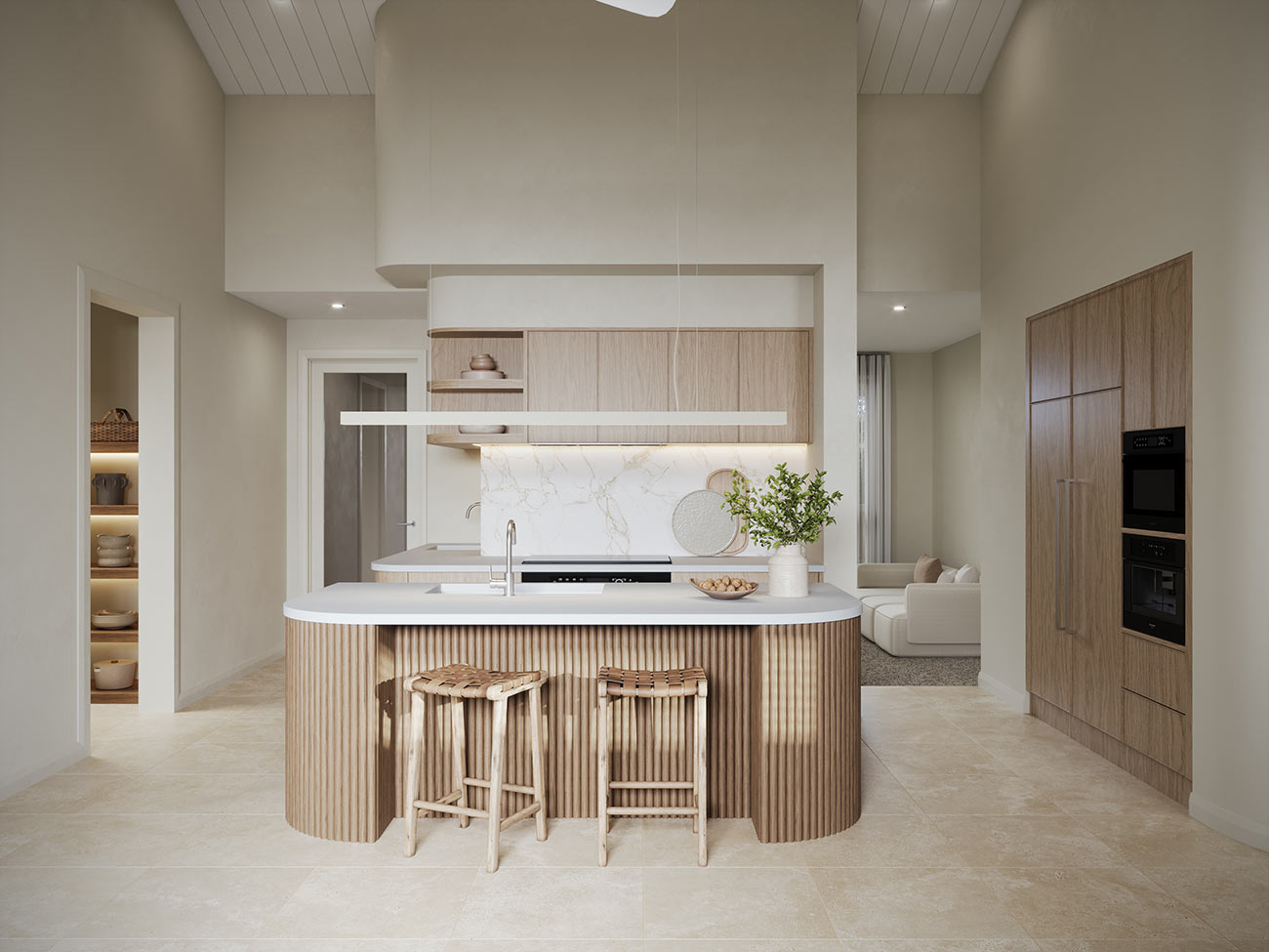 3D Render of modern organic kitchen featuring fluted wood island marble backsplash light wood cabinetry curved design elements and warm neutral interior styling