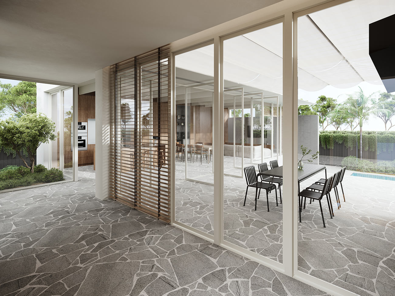3D render modern outdoor dining area with indoor outdoor living glass walls patio seating natural landscaping and open plan architecture